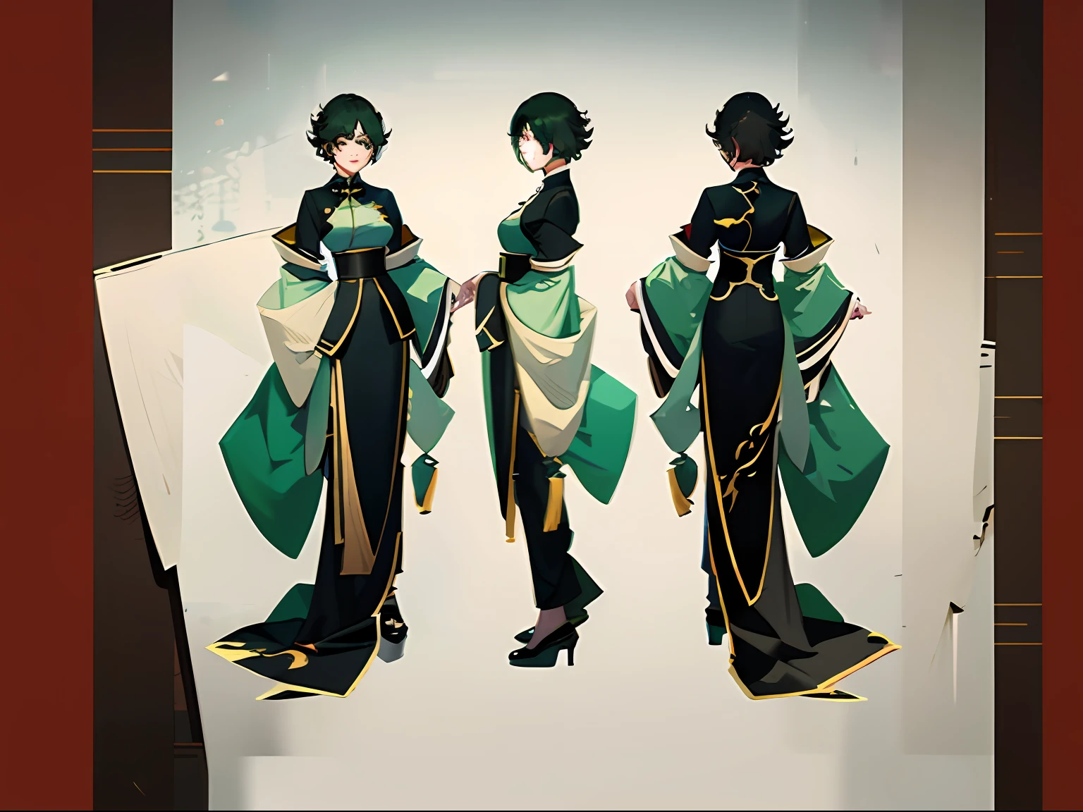 tmasterpiece，best qualtiy，1girll，Dark green hair，short detailed hair，Black eyes，Chinese outfit，eye glass，Three View，Character drawings，identical outfits