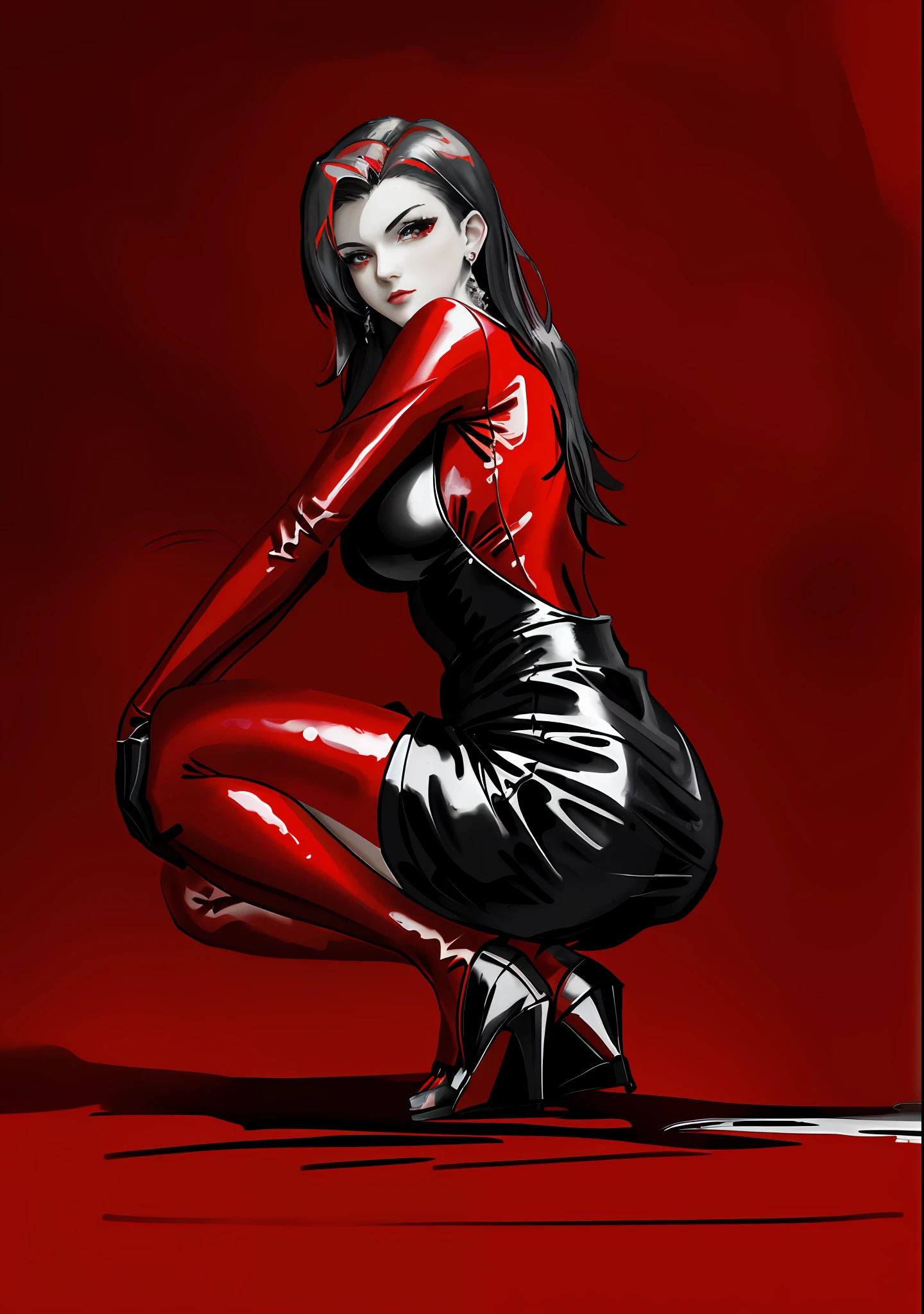 A painting of a woman in a red dress kneeling, grayscale phtoto with red dress, beautiful anime girl crouching, girl wears a red dress, low res, Fully clothed. painting of sexy, beautiful and seductive anime woman, Red and black color, sultry digital painting, girl pinup, Wearing a red dress, ff Tifa, in a red dress