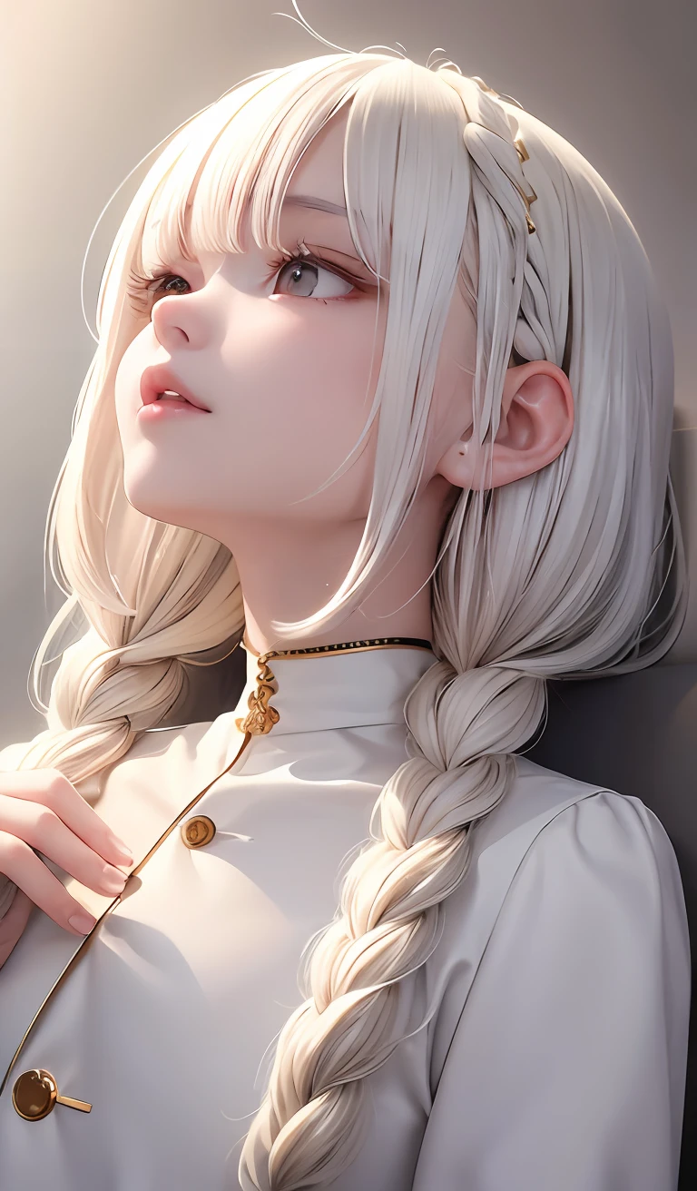 best quality, masterpiece,white hair, gold eyes,white clothes, looking up, upper body,hair strand,Fair skin,side braids
