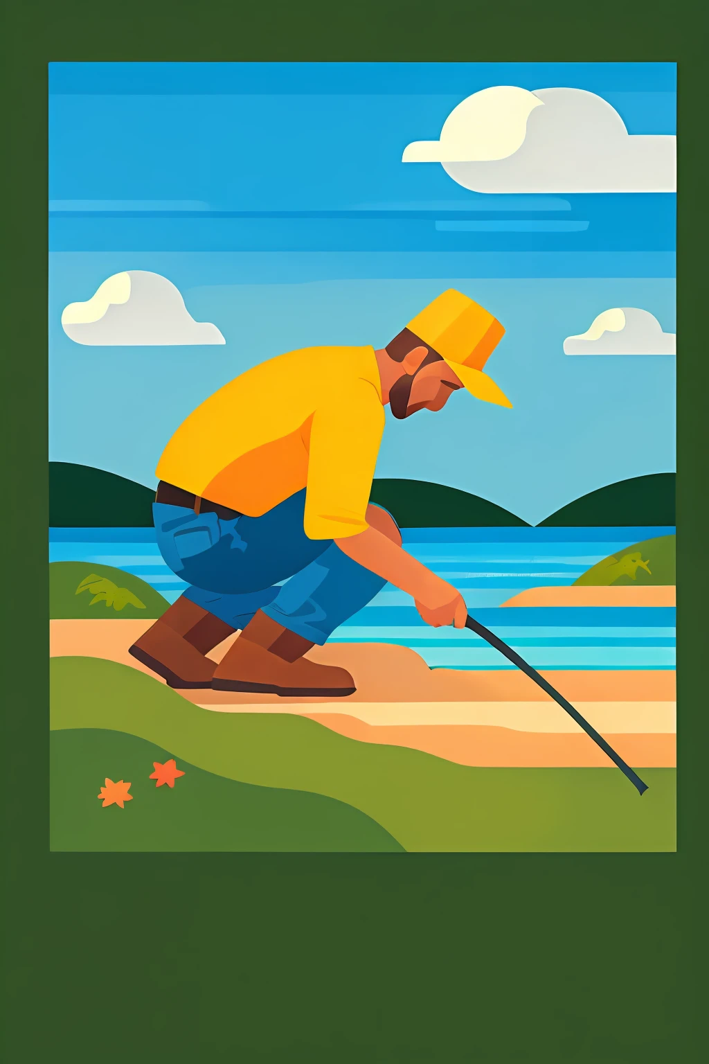 A man fishing, Flattened paintings, cartoony