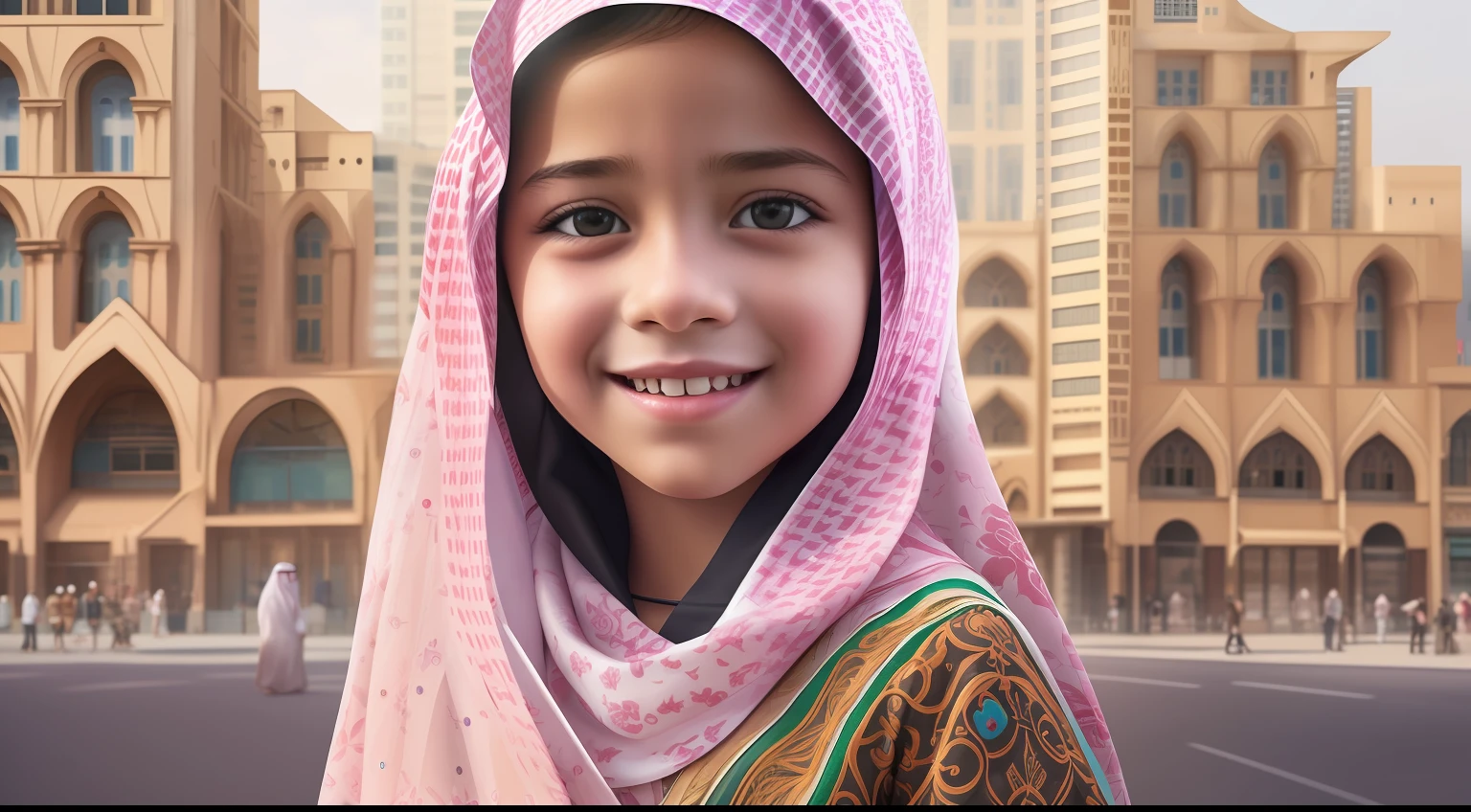 "Generate a hyper-realistic image of a -yeld gifrom Saudi Arabia with authentic features, set against a realistic influential city landmark background, showcasing the best quality and intricate details."