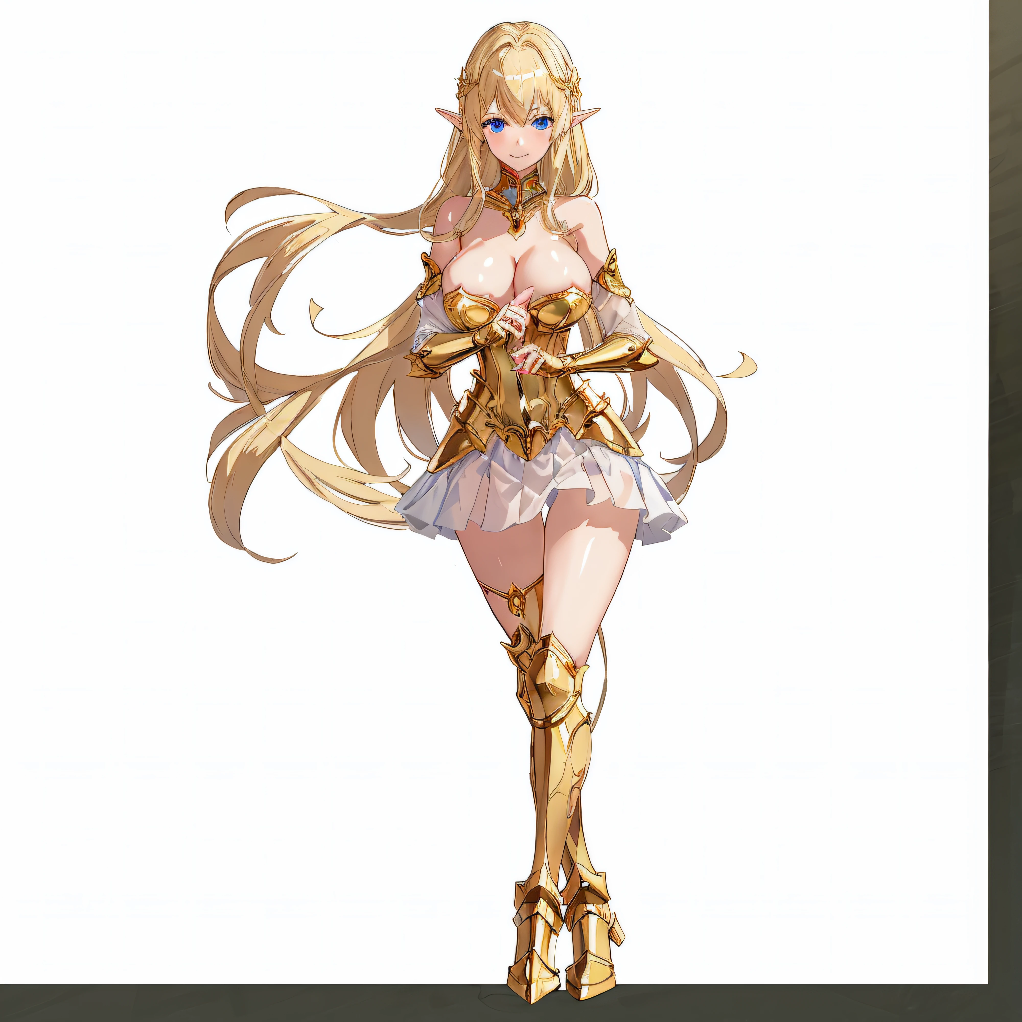 An ultra-high picture quality、White panty、extremely transparent skirts、Very transparent bra、Full body like、A smile、Very slender、Anime girl with blonde hair and gold armor posing naked、anime girl with a very big breast and a very big breast、Elven Girl、anime goddess、Perfect Style、The fleshy feeling of whip、short-hair、a blond、Blue eyes、alluring elf princess knight、Very open chest、oppai proportions、(Exposed seductive attractive cleavage:1.3)、teats、You can almost see the areola、Wet sheer skirt、Ultra-thin skirt、Ecchi anime style、Glittering golden armor、Angel Smile、angelic golden armor、Glamorous bikini armor、Beautiful fingers、Gold hair ornament、Gold bangles、Gold ankles、Gold Long Boots、Girl in armor、Sexy body、Emphasizes cleavage