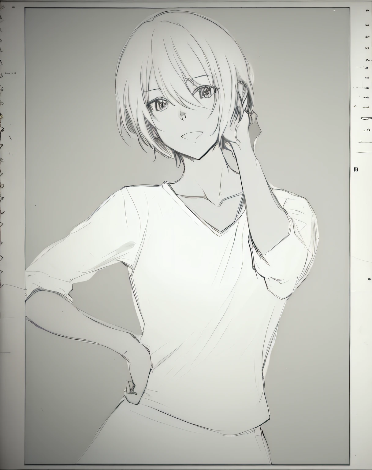 A woman with short hair ruffled her hair behind her ear，correct hand，correct hand，A woman with short hair ruffled her hair behind her ear, Line sketch!!, clean anime outlines, Line sketch, Outline sketch, matte sketch, Casual pose, anime sketch, Outlined!!!, clean lineart, flat anime style shading, Handsome anime pose, Line art!!, Simple lines of art, anime shading), thick lineart, perfect lineart, sketchy artstyle