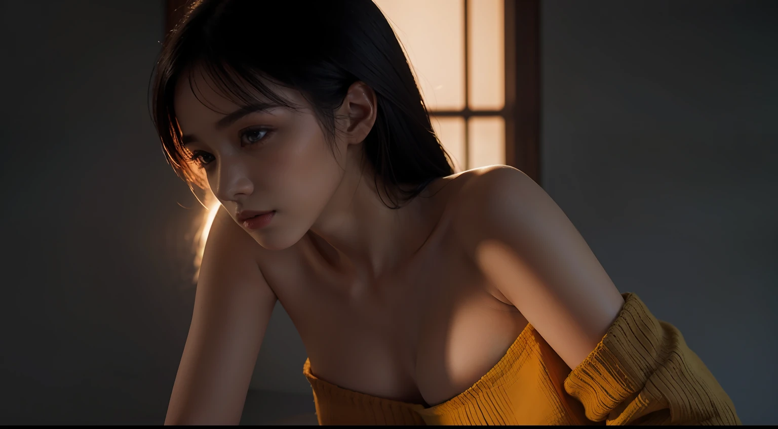 1 girl, bare shoulder, faint smile, shiny skin Best quality, masterpiece, (Realistic: 1.4), knitted watermark, large, dark, night, orange Pale lighting, shadow, shadow, low light