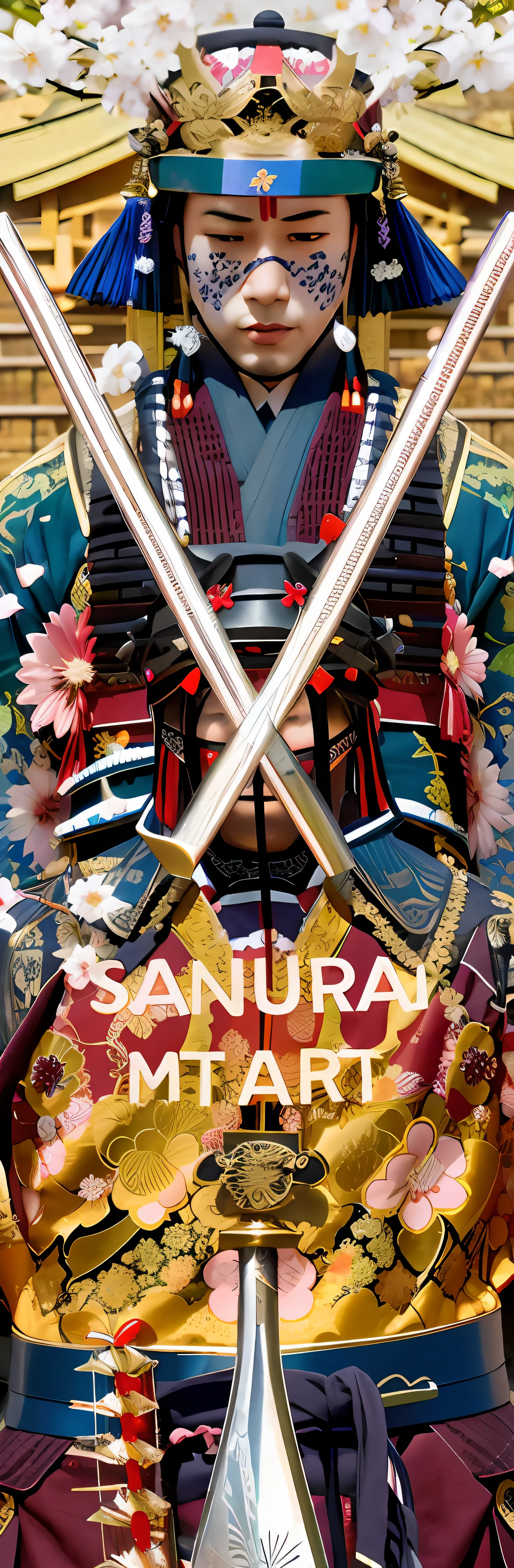 There is a large statue of a man holding two swords,Dressed in samurai costumes and armor,Small cherry blossoms fall around。