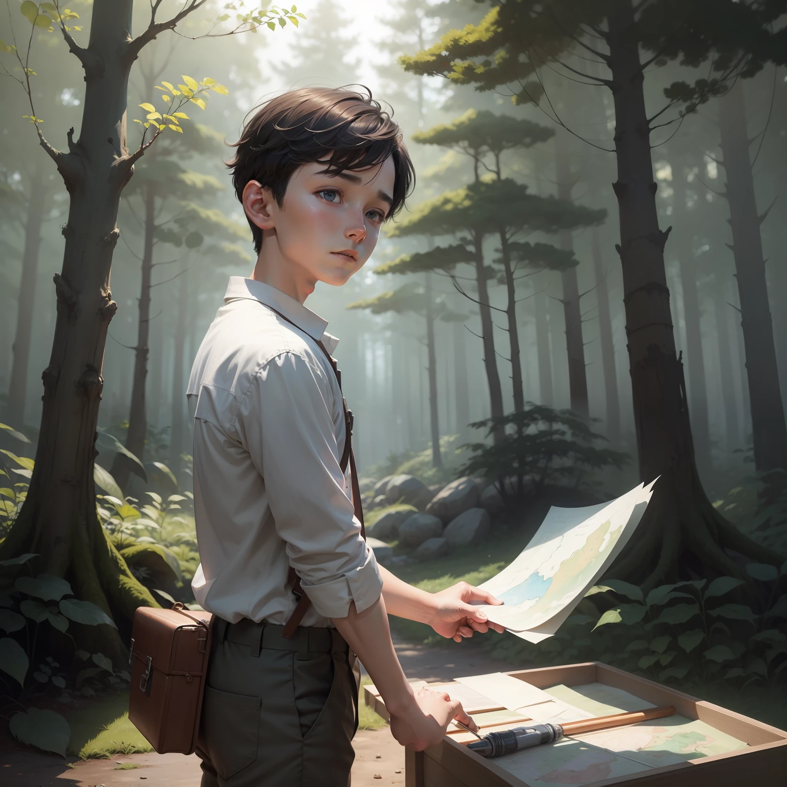 Boy taking a map out of a box (Bend over and look at the box) In the forest At the base of a tree Long pants White shirt Watercolor Art for children at Art Station, realistic fantasy illustration, Cinematic matte illustration, concept art of single boy, atey ghailan 8 k, jeongseok lee, by Alexander Kucharsky, Adam Marczyński, Marshall Arisman