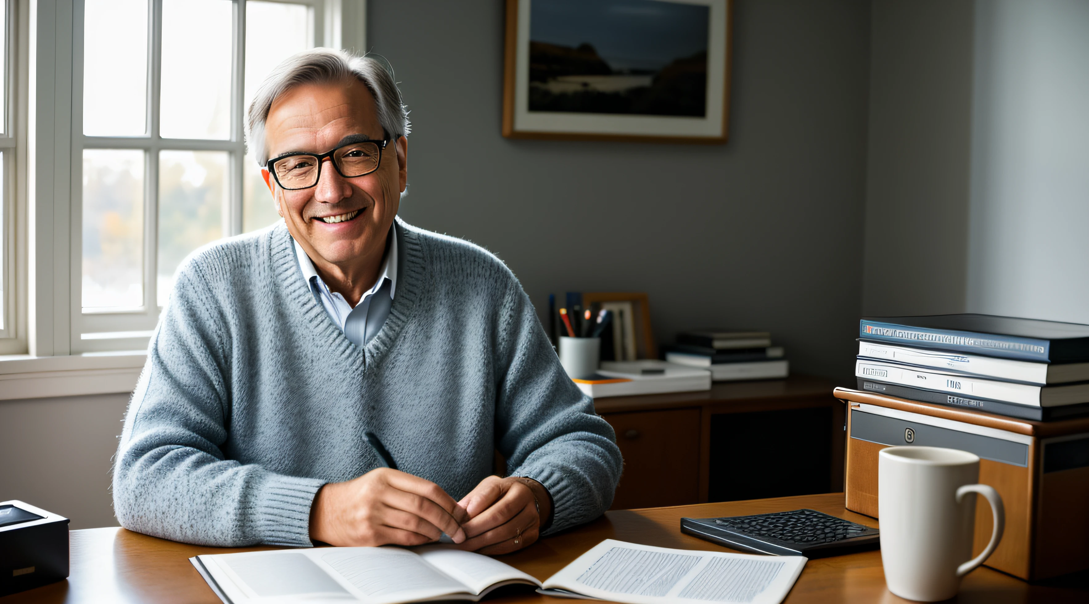 A 60-year-old male，Wear a jumper，wears glasses，Slightly thinner，Kind smile，The upper part of the body，Sit at the desk，gentlesoftlighting，tmasterpiece，best qualtiy，8K  UHD，digital SLR camera，filmgrain，Midjourney and greg rutkowski's Fujifilm XT3 realistic painting art