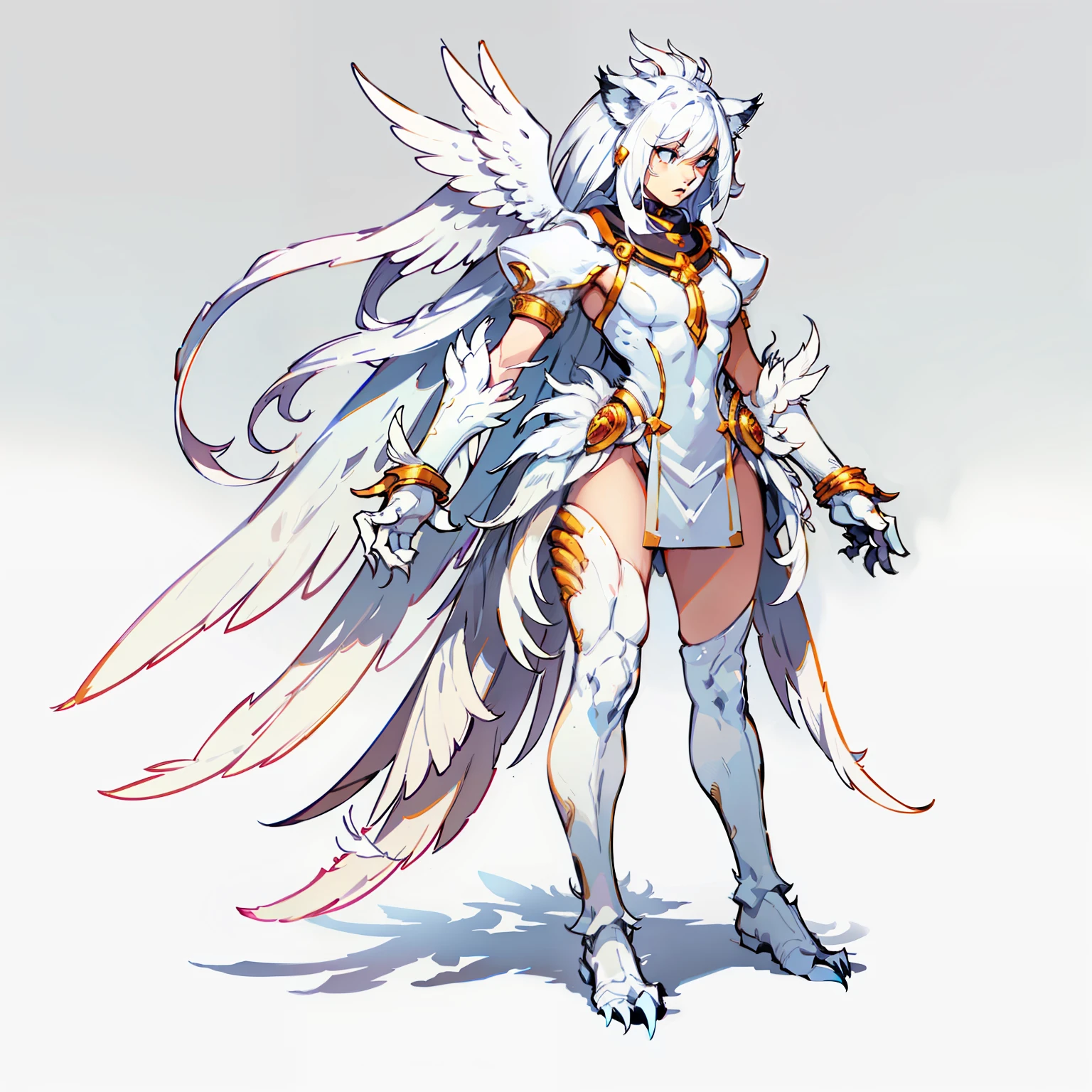 White body color, white feathers growing on the back,, Full body shot, No background, Angel, Kaiju, NOhumans, No eyes, Long tube hair, Lion limbs, Female