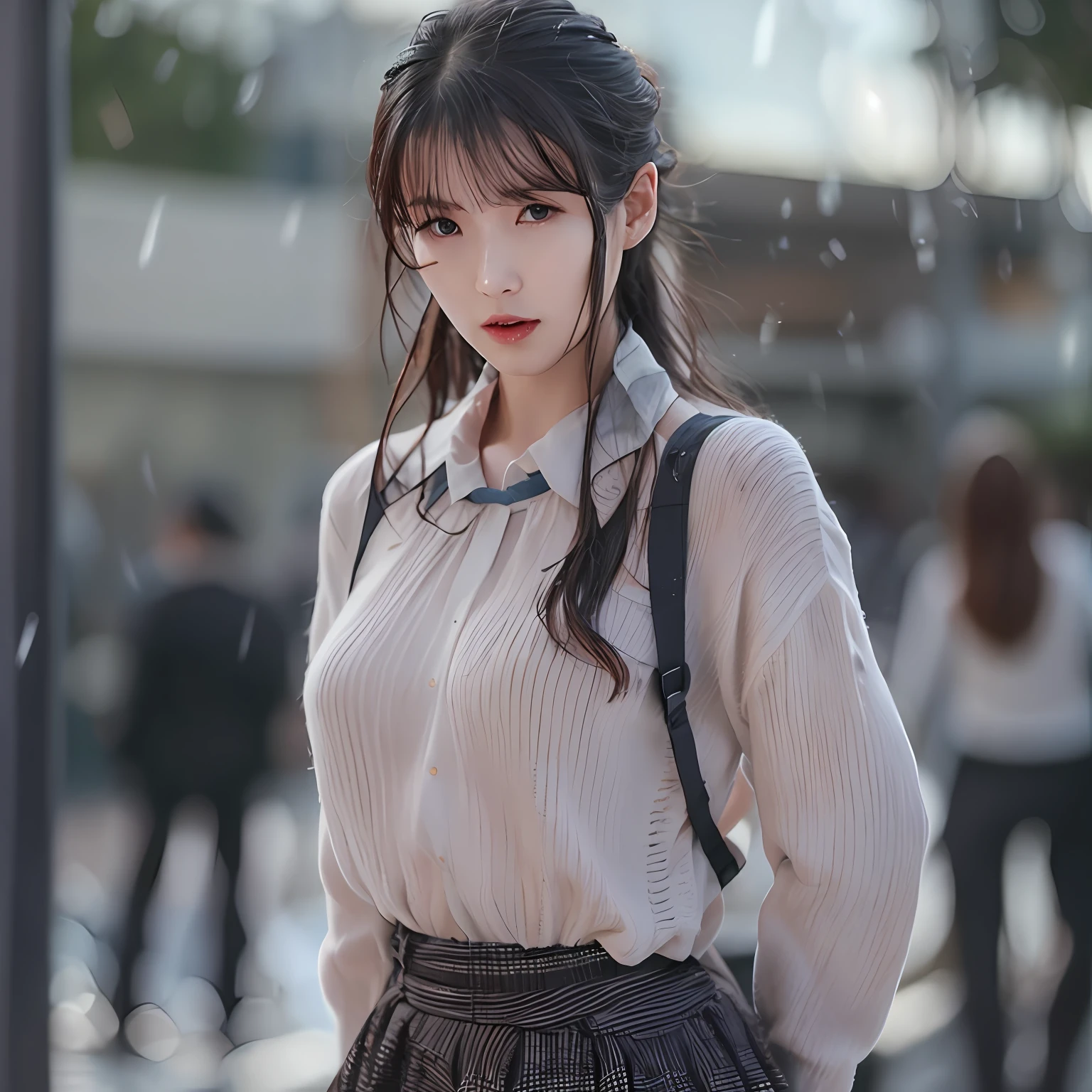 nikon RAW photo,8 k,Fujifilm XT3,photorealistic,realistic, solo, photorealistic, best quality, ultra high res, (skin spots:0.1) serious expression, , standing against a school at daylight, schoolgirl suits, short, wet and tight shirt, skirt beautiful, masterpiece, best quality, extremely detailed face, perfect lighting, solo,1girl, sexy sight best quality, ultra high res, photorealistic, ultra detailed, masterpiece, best quality, iu1, nice butt and body figure