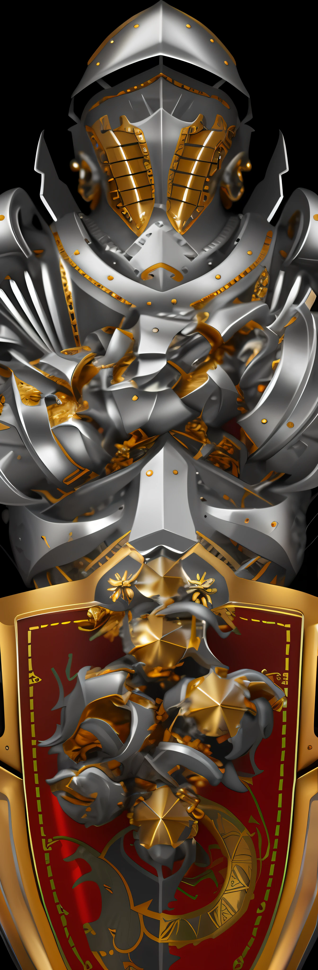 Close up of gold and silver shield on red background, silver and gold heavy armor, gold and steel intricate, silver gold fractal details, high detailed official artwork, extreme hight detail, huge detail, gold heavy armor. Dramatic, Intricate metal armor, Barbed metal armor, angular metal armor, 8k detail, 8 k detail, heavy white and golden armor
