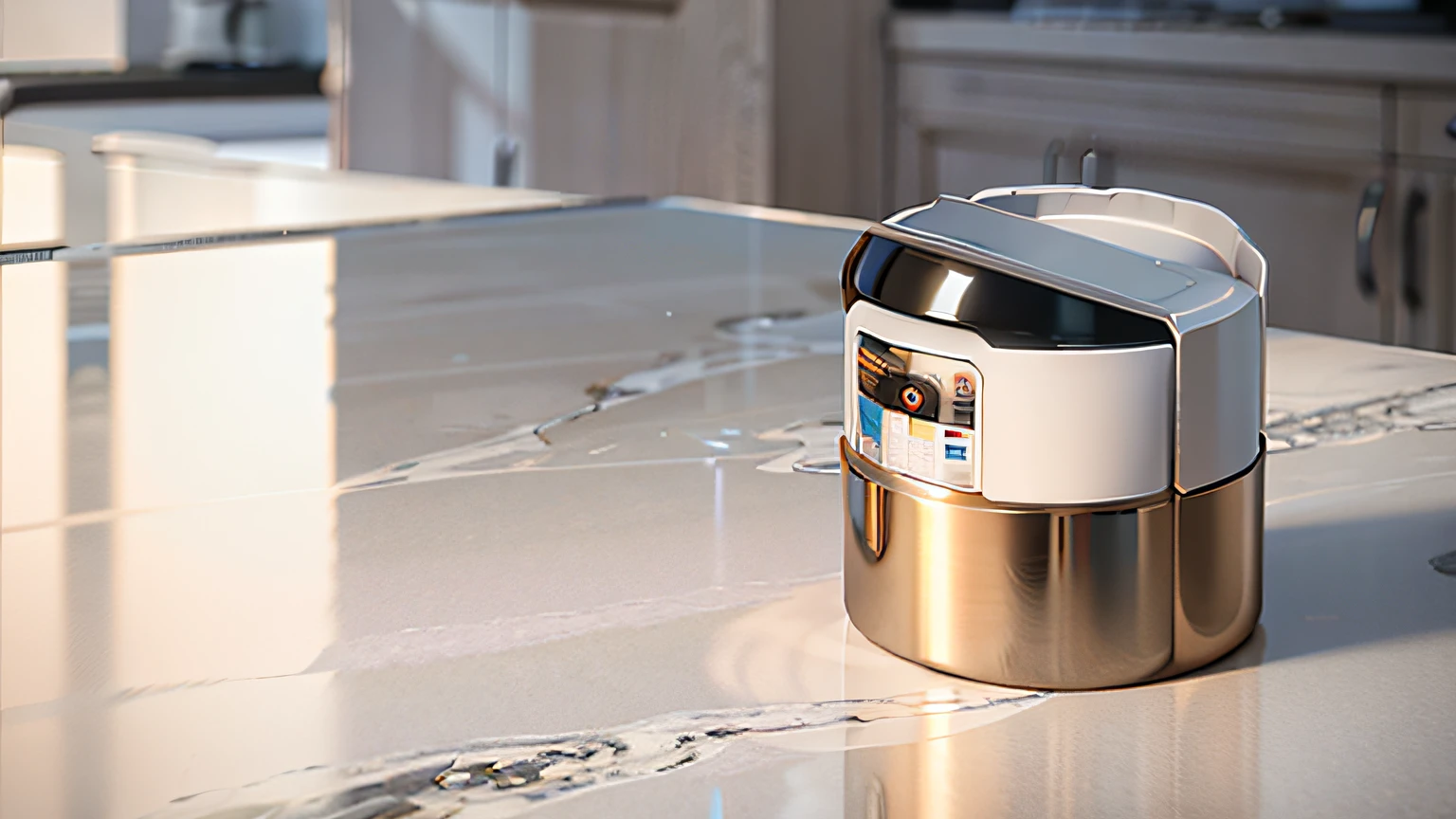 Products placed on marble tables，Off-white style kitchen，（kitchens：1.5），Wooden cabinets , Chiaroscuro, hyper HD, 8K, Best picture quality  ,realisticlying，Foto realism，cupboard，Lens perspective blur，Bright lights，Realistic lighting