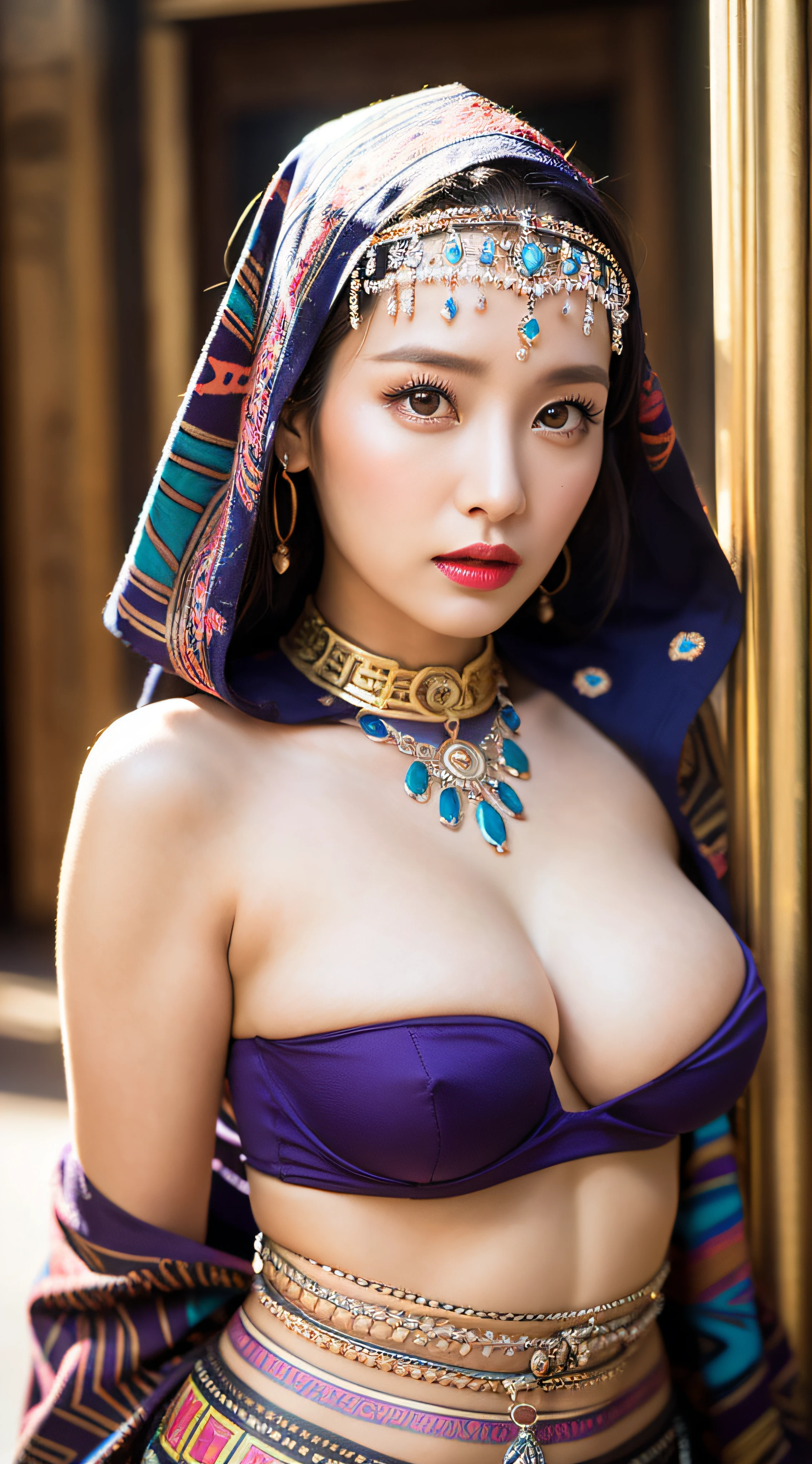 ((Realistic lighting, Masterpiece: 1.3)), (raw photo:1.2), Hyperrealist portrait gorgeous Beautiful tribal Chinese female, mature woman, 30 years old, Milf, beautiful face, beautiful detailed charming eyes, (pretty natural breasts: 1.1), ((tribal dark purple strapless top: 1.1), (sexy tribal dark purple skirt), (tribal cloak), tribal hijab), tribal loin cloth, tribal jewelry, tribal palace background, legendary style, epic style, full body, standing, professional photography, font view, very detailed faces, (red lips, subtle makeup: 1.2), Best quality, 8K, colorful style