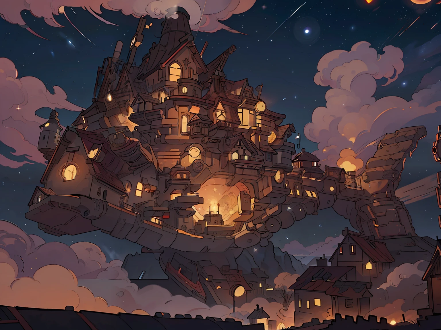 masterpiece, best quality, extremely details, gear, house, night sky, red lights, stars, universe, masterpiece, masterpiece, house, lightings, sci-fi, houses, town on the back, steam punk,