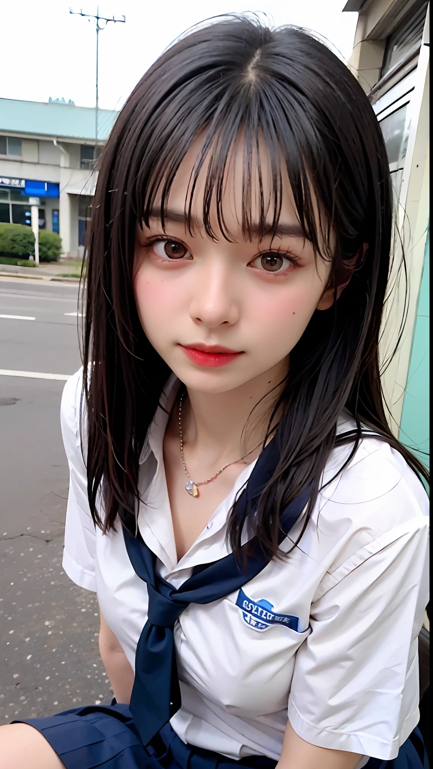 ((top-quality、​masterpiece))、Raw photography、8K、top-quality、 超A high resolution、Beautiful face in every detail、Realistic human skin、Gentle expression、front-facing view、Farbe々From an angle、length hair、realisitic、Photorealsitic、cute little、a short skirt、cute school girl、Japan schoolgirl wearing uniform、Surreal High School Girl、outside of house、wrist watch、(Sateen:1.4)、a necklace、getting wet、I see underwear、Wet clothes、shelter、School bag、wetting hair、Bus stop、station、Under the roof、Suny、