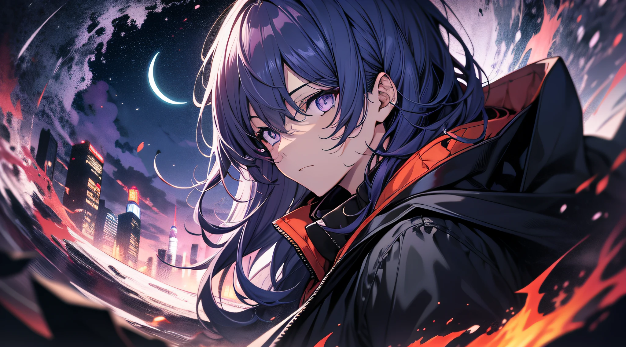 (masutepiece), (Best Quality), 超A high resolution, Professional artwork, ultra-detailliert, Convoluted, Detailed face, Perfect Lighting, 1 boy, Dark blue hair, (Purple eyes), ninjartist, Black cloak, Black coat, High collar, 鎖骨, Head, Night, nigh sky, crescent, Red Moon, Outdoors, (Cowboy Shot, Far Shot), curtain bangs, Dark blue hair, Long hair