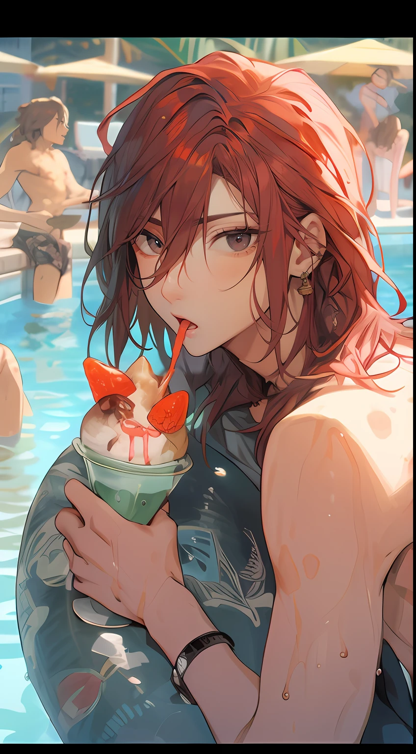 ((male people))、((Gray eyes))、red hairs、((Eye of the cut))、Hanging eyes、Slightly open mouth
