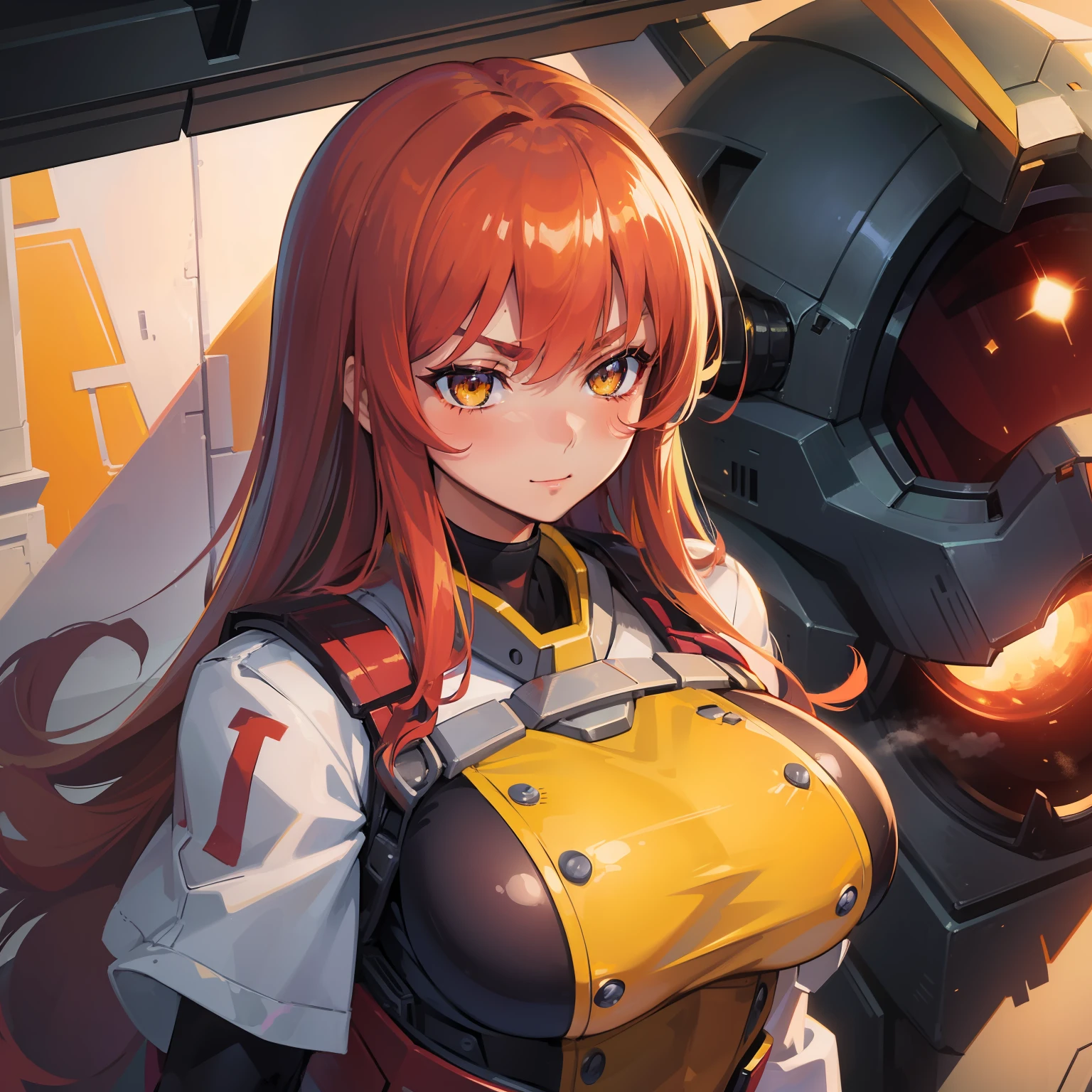 Original Character, Volumetric Lighting, Best Shadows, Shallow Depth of Field, Portrait Of Stunningly Beautiful Girl, Petite, Delicate Beautiful Attractive Face With Alluring Yellow Eyes, Sharp Eyebrows, Smirking, Lovely Medium Breasts, Long Red Hair, Blush Eyeshadow, Thick Eyelashes, Mech Pilot Uniform, Helmet in hand, Giant Mech in Background, Inspired by Gundam Anime, (Highest Quality, Amazing Details:1.25), (Solo:1.3), Brilliant Colorful Paintings