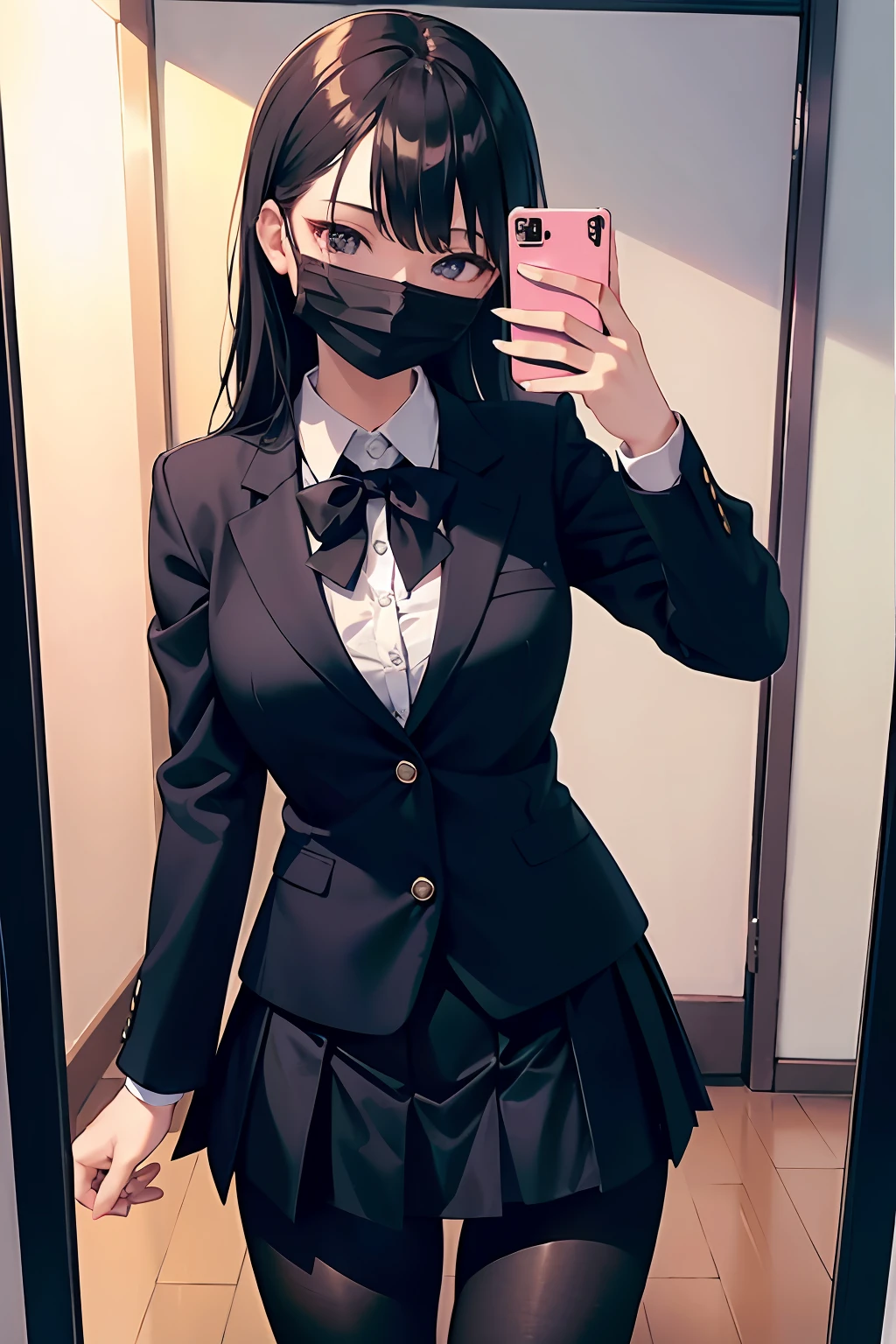 hi-school girl、selfie photo、Take a selfie in the mirror、Black mask、Hide your eyes、Black Blazer Uniform、skirt by the、Black tights、​masterpiece、highcontrast、cinematlic lighting、Detailed shading、top-quality、Top image quality