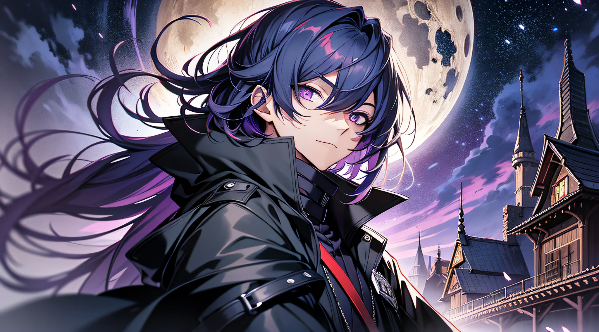 (masutepiece), (Best Quality), 超A high resolution, Professional artwork, ultra-detailliert, Convoluted, Detailed face, Perfect Lighting, 1 boy, Dark blue hair, (Purple eyes), ninjartist, Black cloak, Black coat, High collar, 鎖骨, Head, Night, nigh sky, crescent, Red Moon, Outdoors, (Cowboy Shot, Far Shot), curtain bangs, Dark blue hair, Long hair