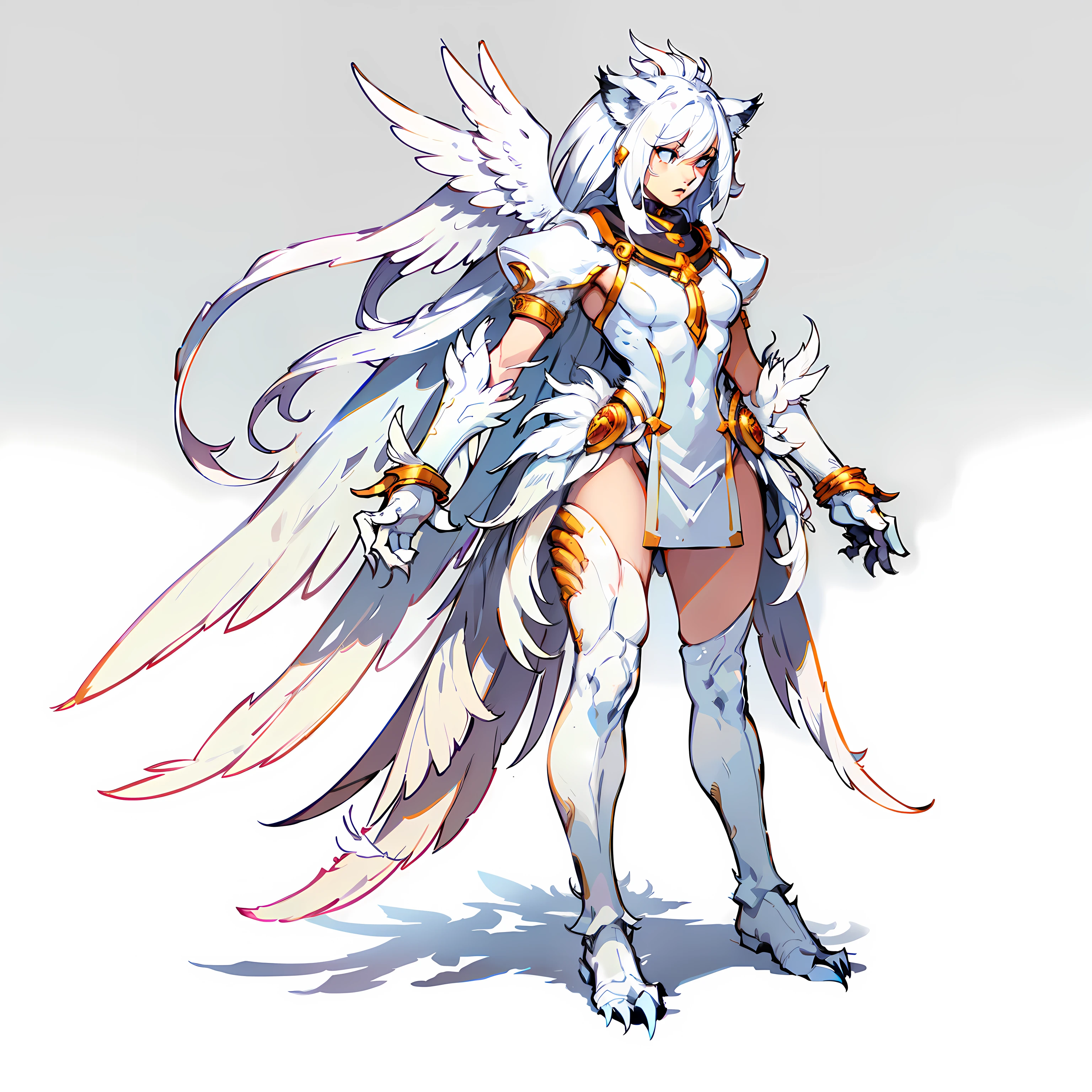 White body color, white feathers growing on the back,, Full body shot, No background, Angel, Kaiju, NOhumans, No eyes, Long tube hair, Lion limbs, Female