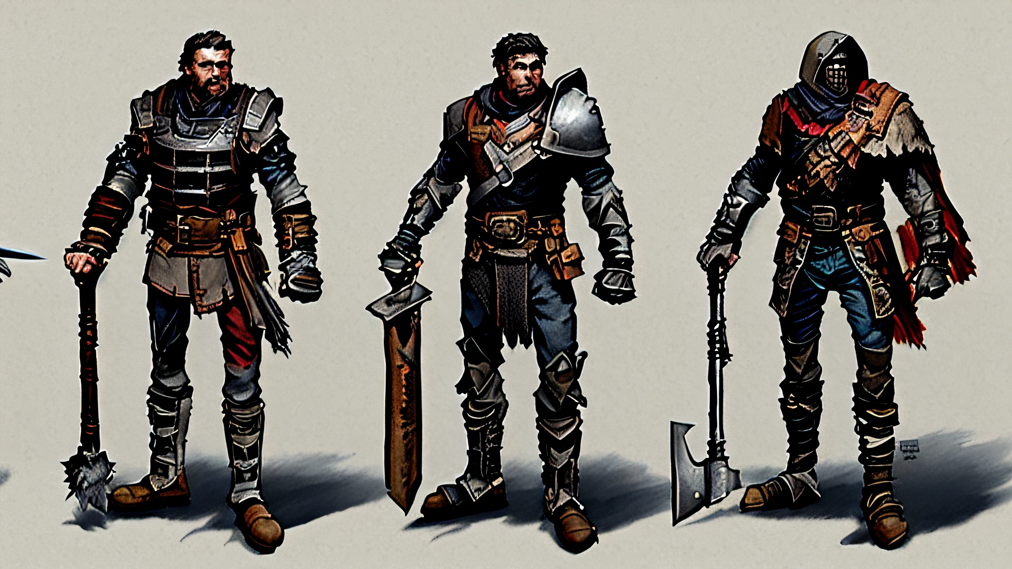 ((masterpiece)), colored concept art sheet of three characters with weapons and leather and metal armor in a fantasy world, character concept art, warm colors, ultra sharp, realistic rendering, detailed full body, ultra detailed, 8k, trending on artstation