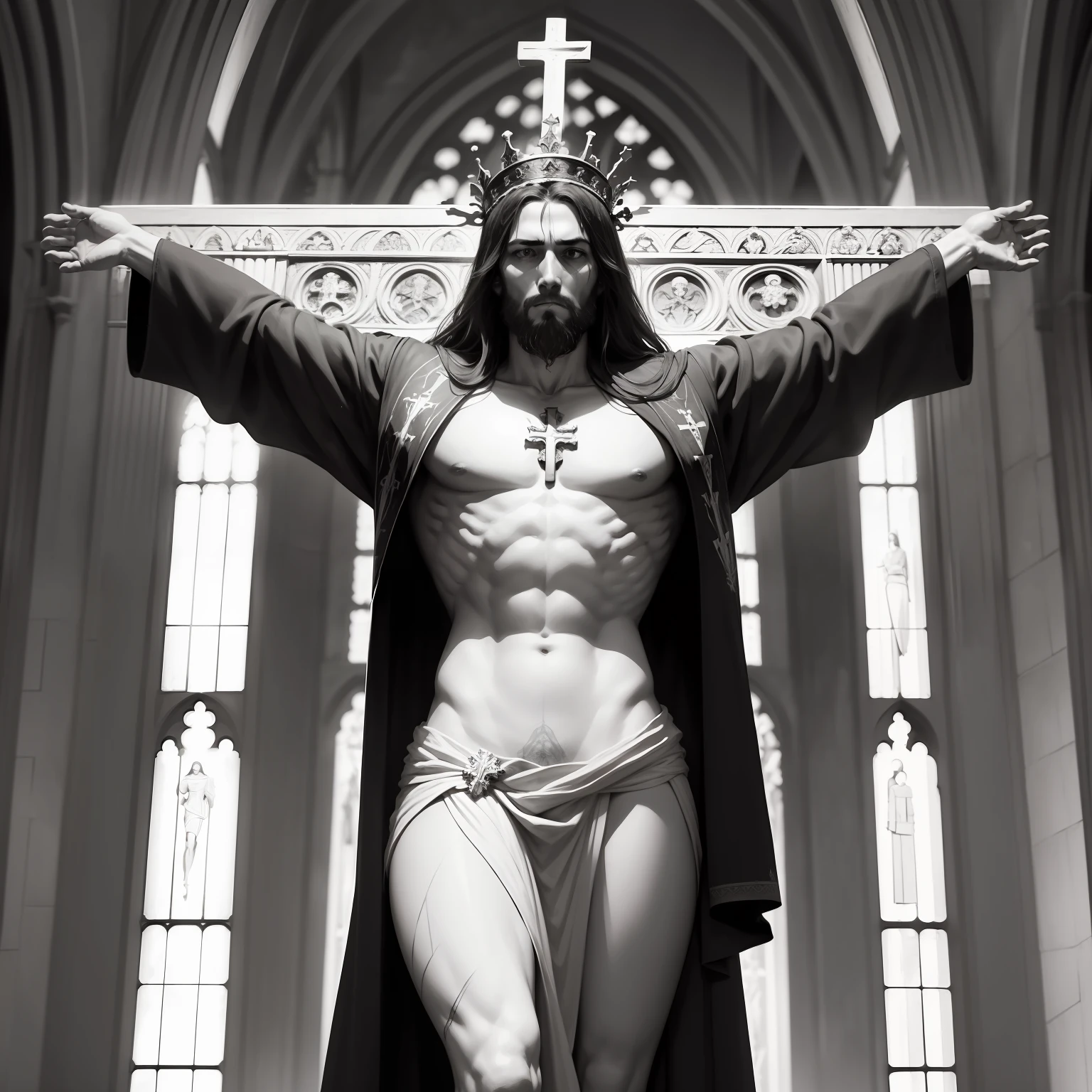 black and white sketch,The character is displayed in full,heads,both arms,body,legsupms,the feet,Jesus was crucified with a crown on his head,The expression is sacred,Realistic facial details,Look down on everything,In the background is the cathedral,There are obvious wounds on the body