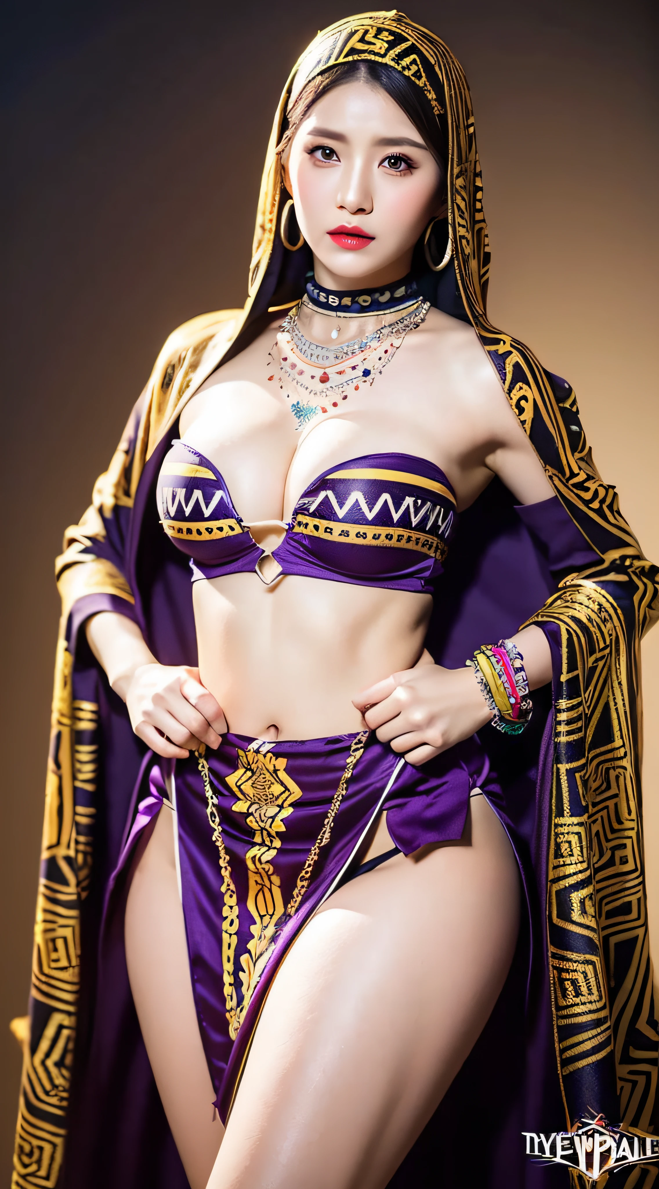 ((Realistic lighting, Masterpiece: 1.3)), (raw photo:1.2), Hyperrealist portrait gorgeous Beautiful tribal Chinese female, mature woman, 30 years old, Milf, beautiful face, beautiful detailed charming eyes, (pretty natural breasts: 1.1), ((tribal dark purple strapless top: 1.1), (sexy tribal dark purple skirt), (tribal cloak), tribal hijab), tribal loin cloth, tribal jewelry, tribal palace background, legendary style, epic style, full body, standing, professional photography, font view, very detailed faces, (red lips, subtle makeup: 1.2), Best quality, 8K, colorful style