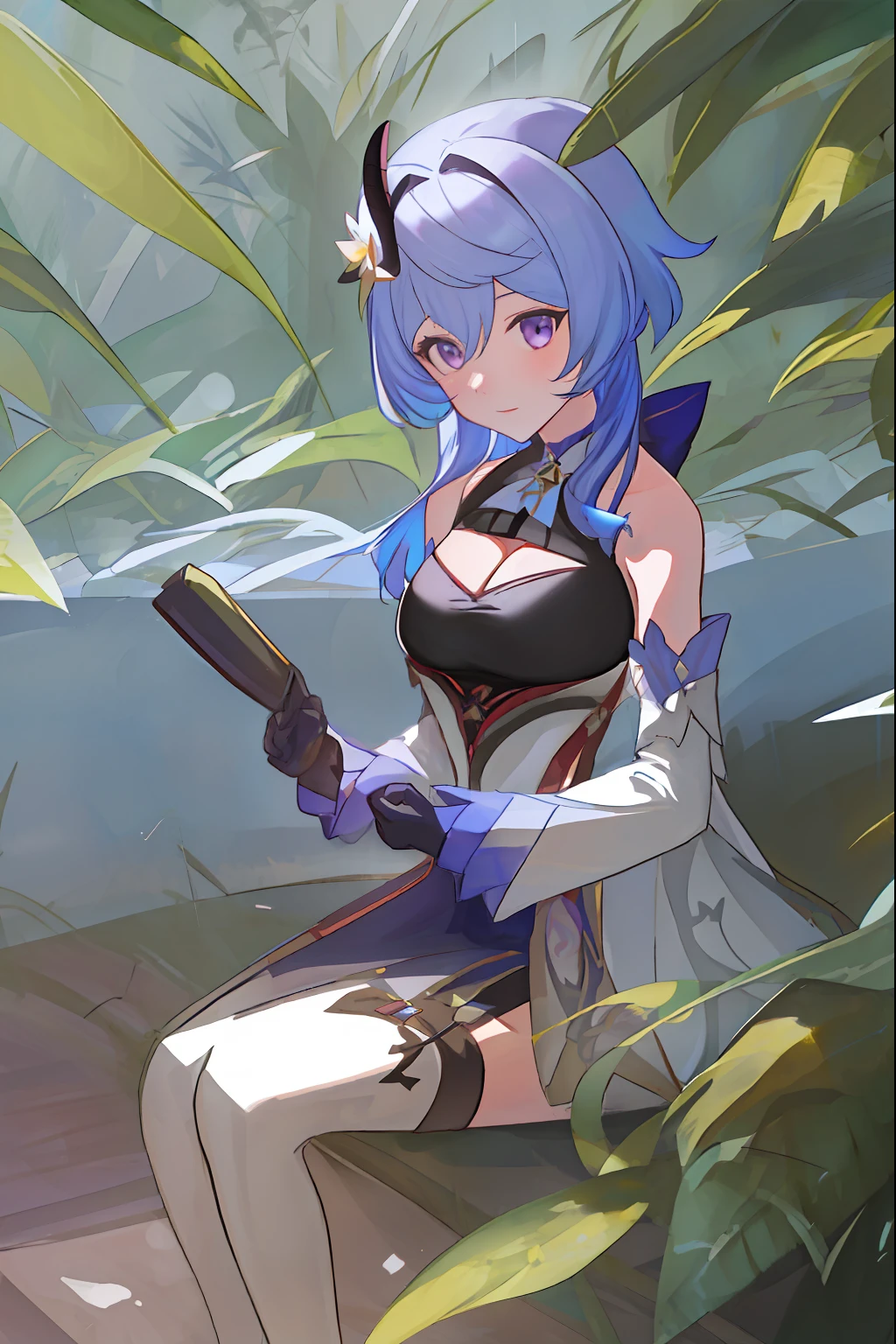 ((1girll, Solo)), tmasterpiece, Need, Portrait, Hyper-detailing, illustration, closeup cleavage, Gorgeous background, Shoot straight, blue hair, purpleeyes, ((focus onface)), looking at the distance,ln the forest,suns,ventania,butterflys,studio lit,Horizontal,The tree,Lake,Sat down,Sweet rain \(Genshin Impact \),twin horn,exposed bare shoulders,Tights,huge tit,Lots of nudity,sexy for,blacksilk,Tempting