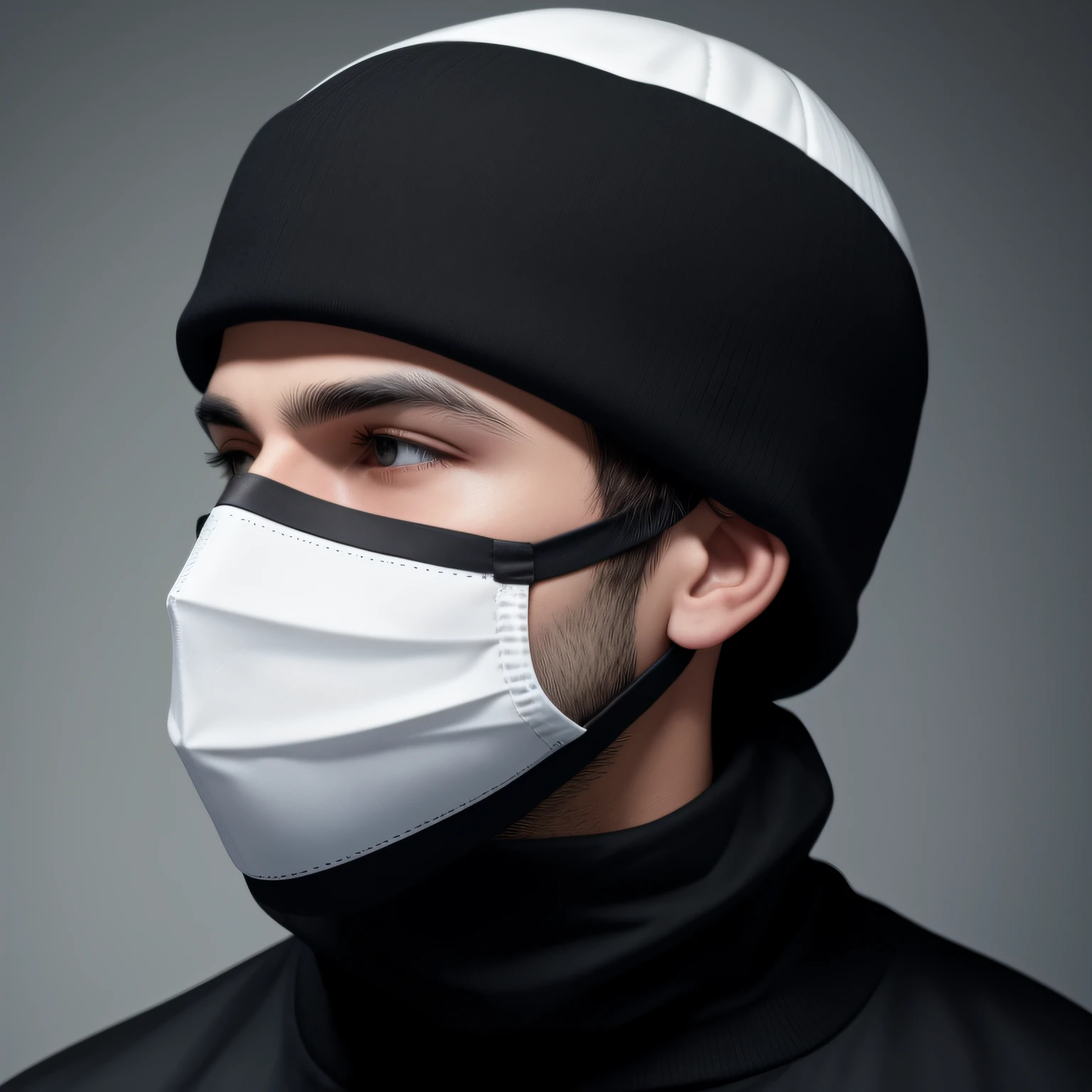 Young man with white skin wearing cap on head and black mask on face