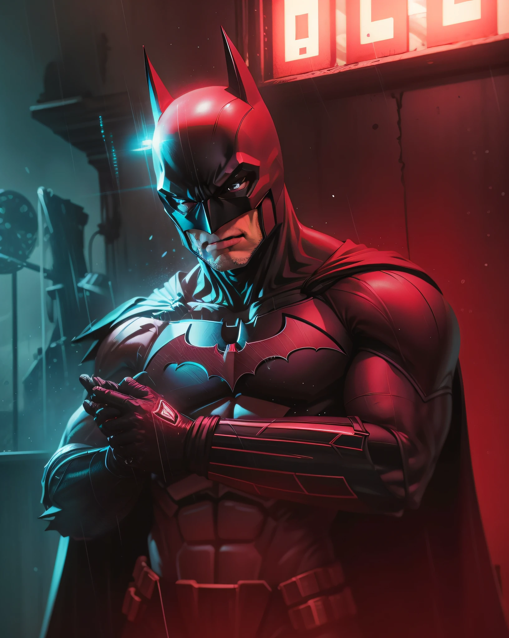 Batman sombrio com olhos brancos brilhantes usando uma armadura cinza