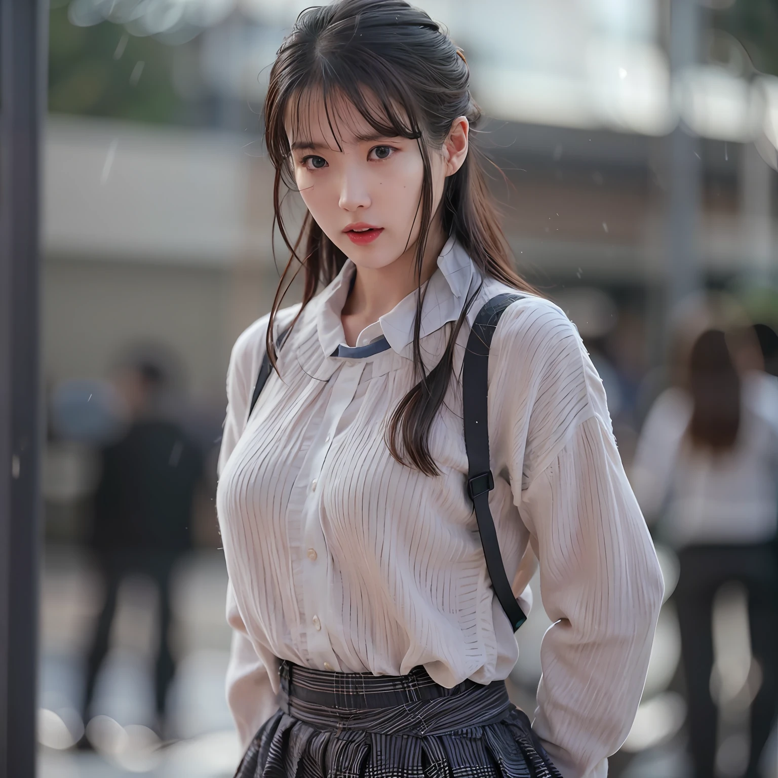 nikon RAW photo,8 k,Fujifilm XT3,photorealistic,realistic, solo, photorealistic, best quality, ultra high res, (skin spots:0.1) serious expression, , standing against a school at daylight, schoolgirl suits, short, wet and tight shirt, skirt beautiful, masterpiece, best quality, extremely detailed face, perfect lighting, solo,1girl, sexy sight best quality, ultra high res, photorealistic, ultra detailed, masterpiece, best quality, iu1, nice butt and body figure