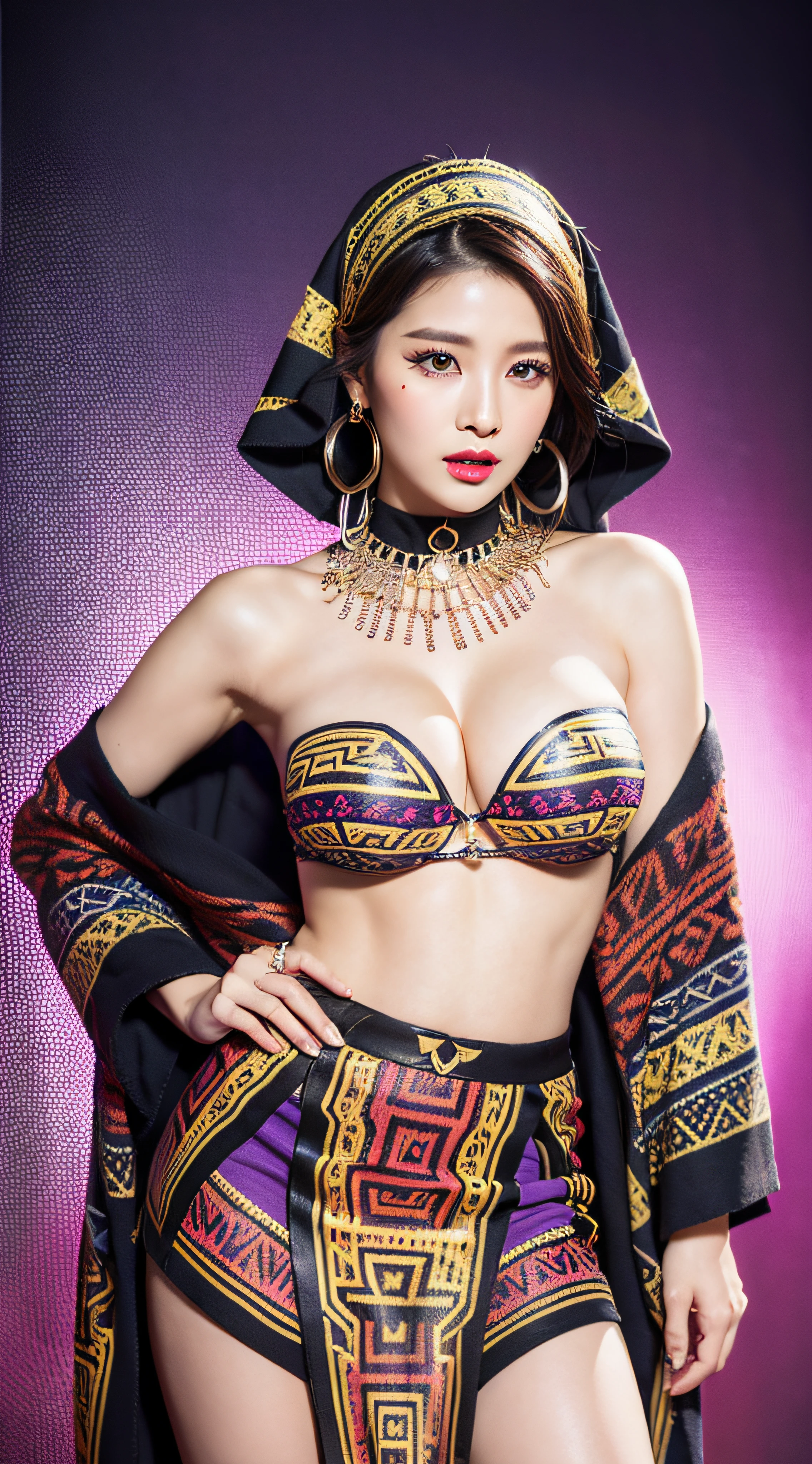 ((Realistic lighting, Masterpiece: 1.3)), (raw photo:1.2), Hyperrealist portrait gorgeous Beautiful tribal Chinese female, mature woman, 30 years old, Milf, beautiful face, beautiful detailed charming eyes, (pretty natural breasts: 1.1), ((tribal dark purple strapless top: 1.1), (sexy tribal dark purple skirt), (tribal cloak), tribal hijab), tribal loin cloth, tribal jewelry, tribal palace background, legendary style, epic style, full body, standing, professional photography, font view, very detailed faces, (red lips, subtle makeup: 1.2), Best quality, 8K, colorful style