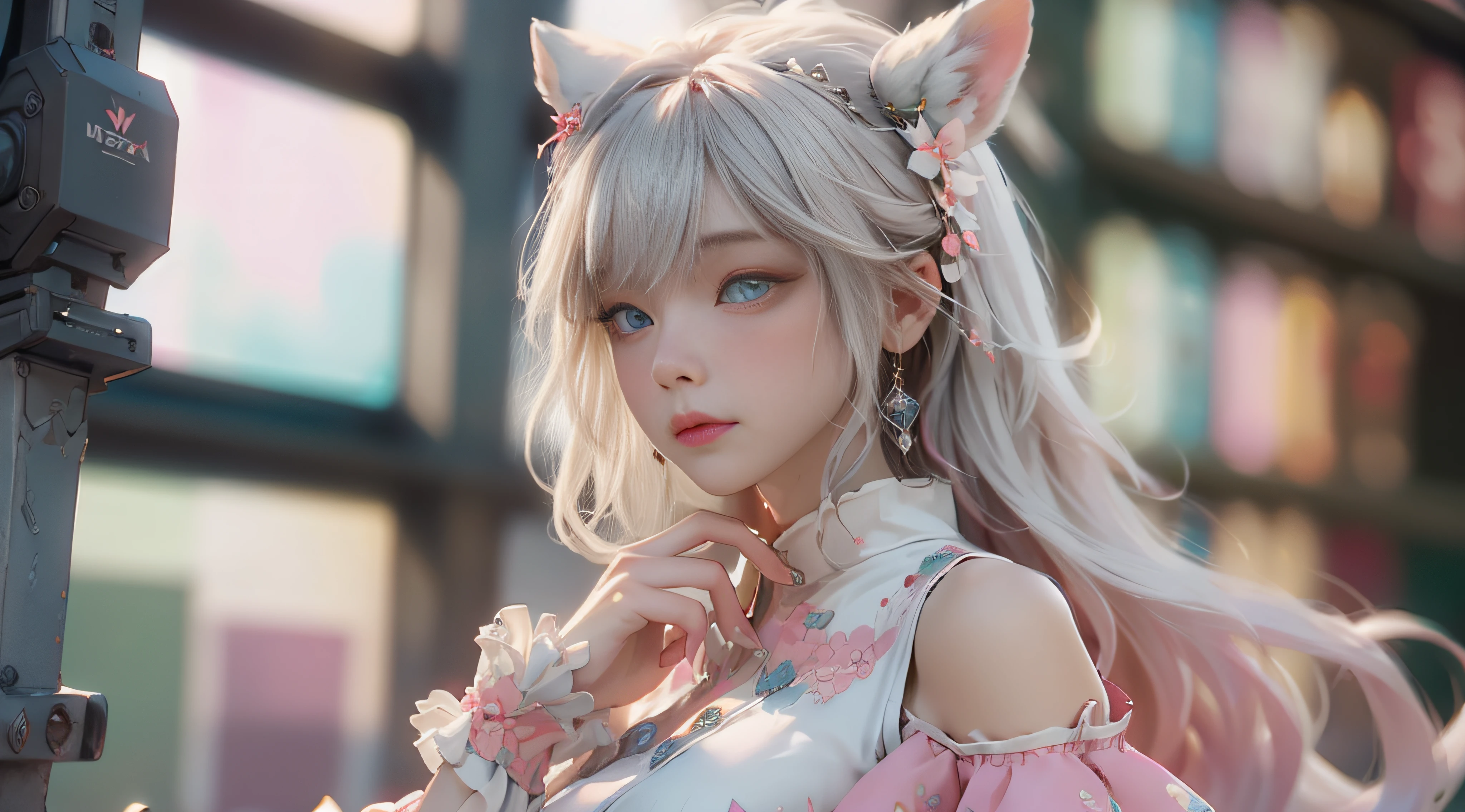 （（best qualtiy））， （（tmasterpiece））， （detail：1.4）， Beautiful cyberpunk female images，hdr（HighDynamicRange），Ray traching，NVIDIA RTX，Hyper-Resolution，illusory 5，sub surface scattering，PBR textures，post-proces，Anisotropy Filtering，depth of fields，maximum definition and sharpness，Many-Layer Textures，Albedo e mapas Speculares，Surface coloring，Mitsu-Accurate simulation of material interactions，perfectly proportioned，rendering by octane，Two-colored light，largeaperture，Low ISO，White balance，Rule three points、8K raw data、Beautiful bright blue pupils，off-the-shoulder clothes，Fine pupils，Delicate face and eyes，long eyelasher，Blushlush，Delicate and fluffy hair，pink lip，Pure，Cute face，Sweet girl，Artistic sense，Casual wear，Advancedsense，butterflys，Cherry blossom petal，Beautiful hair accessories，Long hair and waist，Hair fluttering in the wind，Snow-white fox ears，curlies，Lots of white and pink，Complicated details