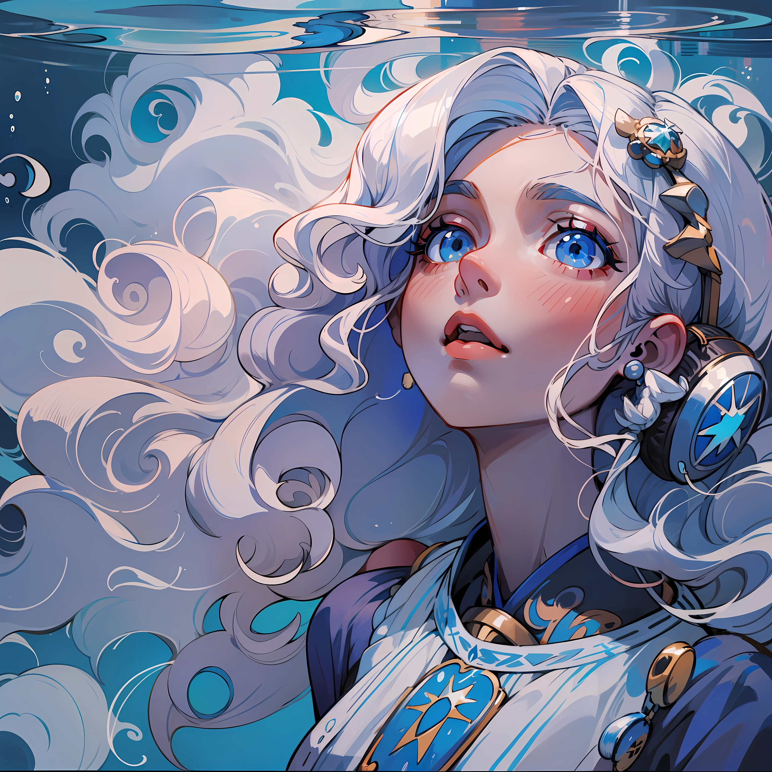 Embaixo da agua, menina de cabelo branco, beleza divina e benevolente, olho azul, usando headphone, vestes brancas e douradas