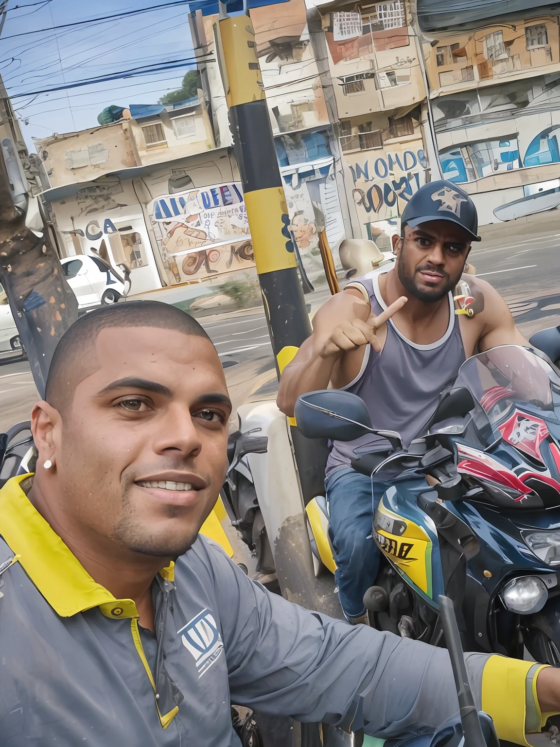 There are two men sitting on a motorcycle on the street, In Sao Paulo, por Veno Pilon, Ronaldo Nazario Fenomeno, caio santos, Directed by: Willian Murai, Dan dos Santos, Edon Guraziu, david rios ferreira, Directed by: Nandor Soldier, Torne-se profissional, Directed by: Emerson Silva, Directed by: Milton Menasco