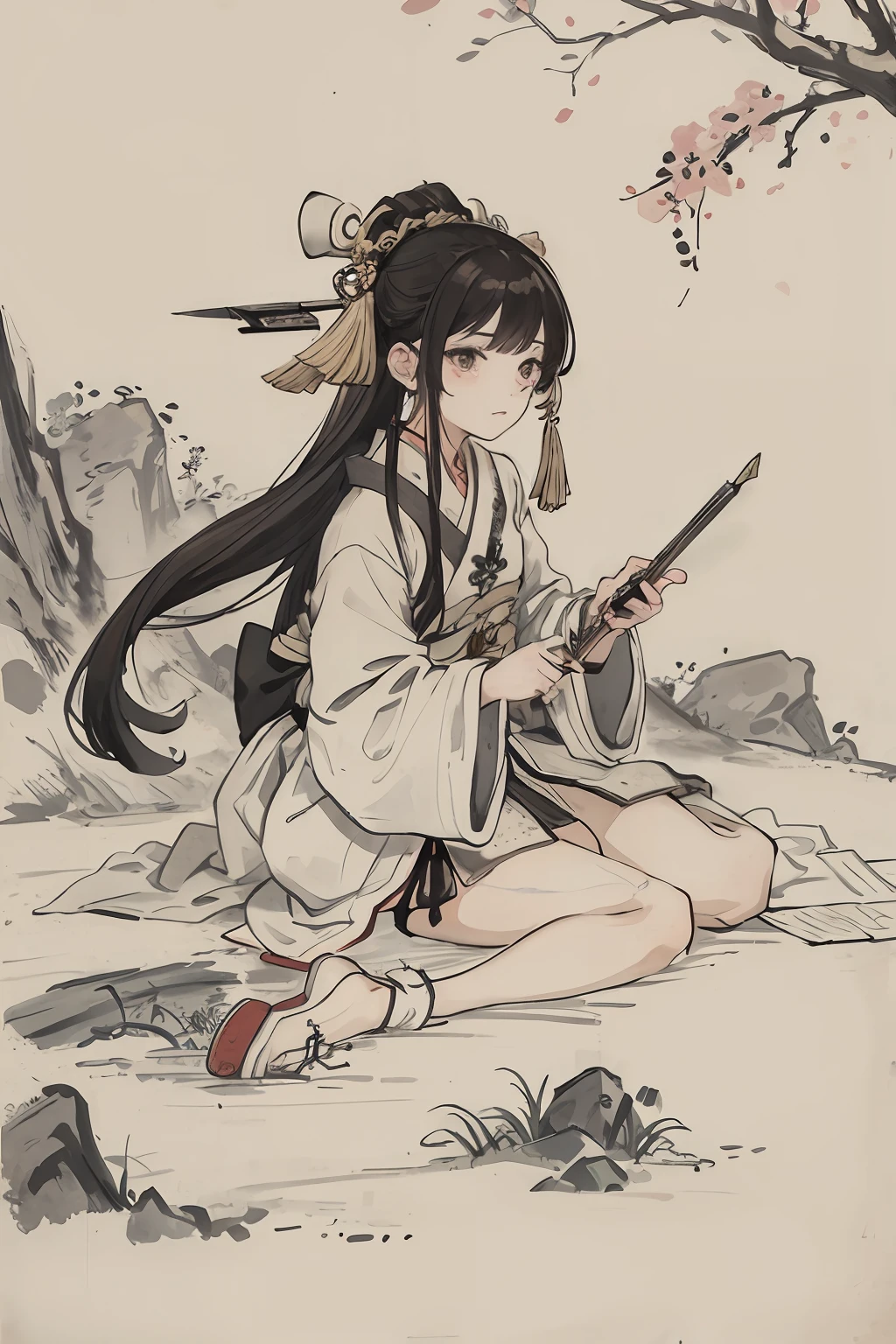 （tmasterpiece，best qualtiy：1.2），Tradition Chinese Ink Painting，The Miaoling girl Sword Immortal was seriously injured，Guard the young son