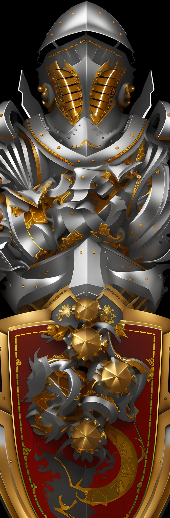 Close up of gold and silver shield on red background, silver and gold heavy armor, gold and steel intricate, silver gold fractal details, high detailed official artwork, extreme hight detail, huge detail, gold heavy armor. Dramatic, Intricate metal armor, Barbed metal armor, angular metal armor, 8k detail, 8 k detail, heavy white and golden armor