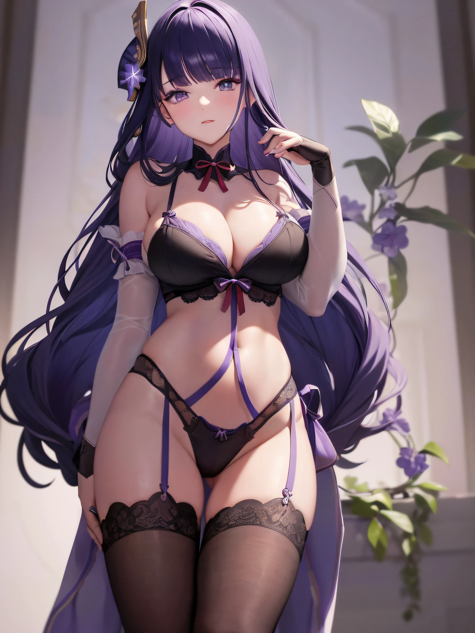 (​masterpiece)、(best qualtiy)、(ultra-detailliert)、(a high chroma)、((Anatomically correct hand))、detailed skins、foco nítido、(CG Illustration)、highcontrast、(One lady)、GenshinImpact、(((Raiden General)))、(Fine and beautiful eyes)、Delicate beautiful face、(dishevled hair)、((bra very、panties on))、Transparent lingerie、(Black stockings)、(Mid-chest 1.5)、(Translucent clothes）、the pose、Floating in the air、((The best lighting))、simple background