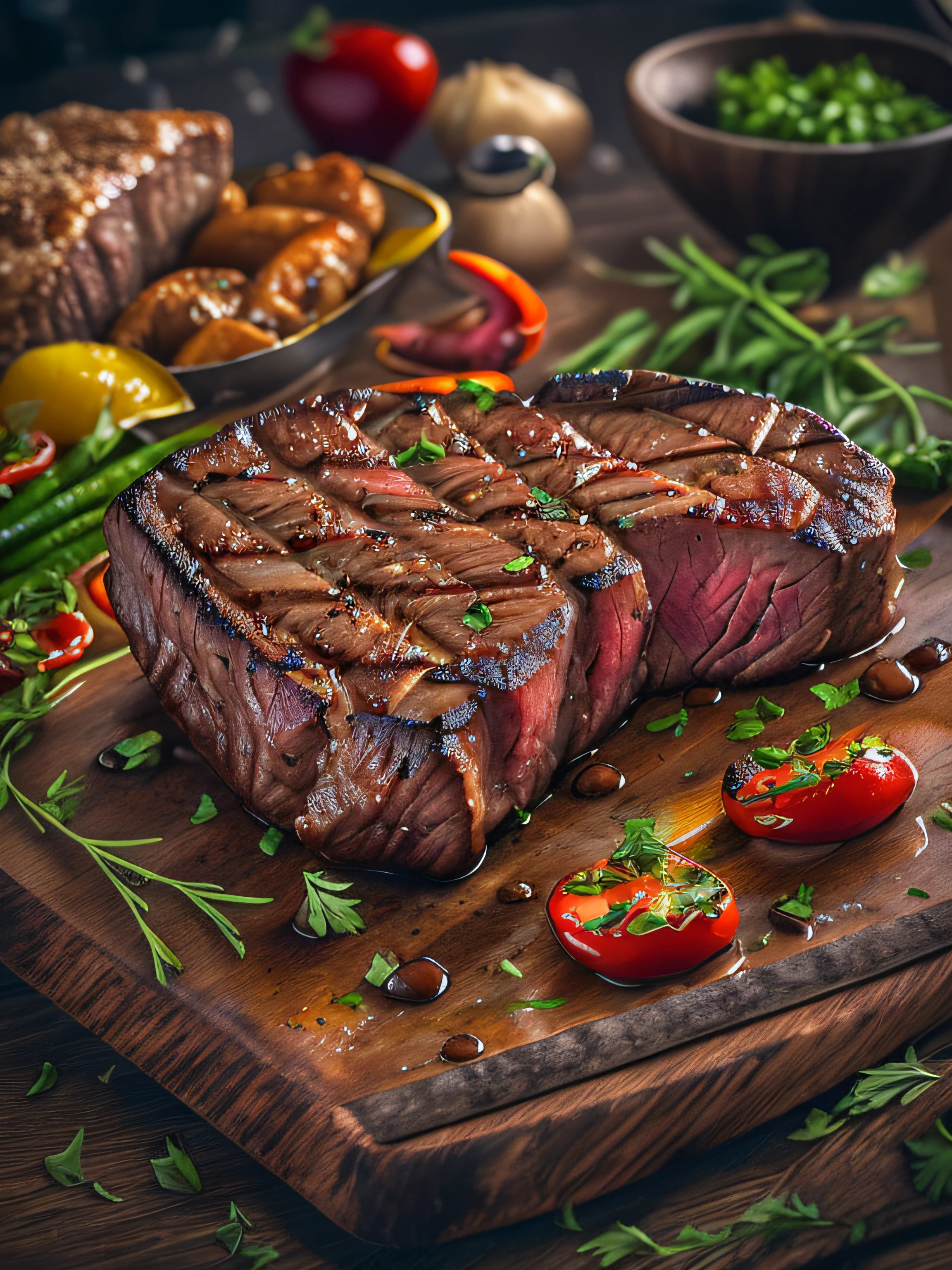 luscious, Hot and appetizing steak, Scattered on the sides, with vivid details and high detail, cinematic style with HDR effect, created with Adobe Lightroom.