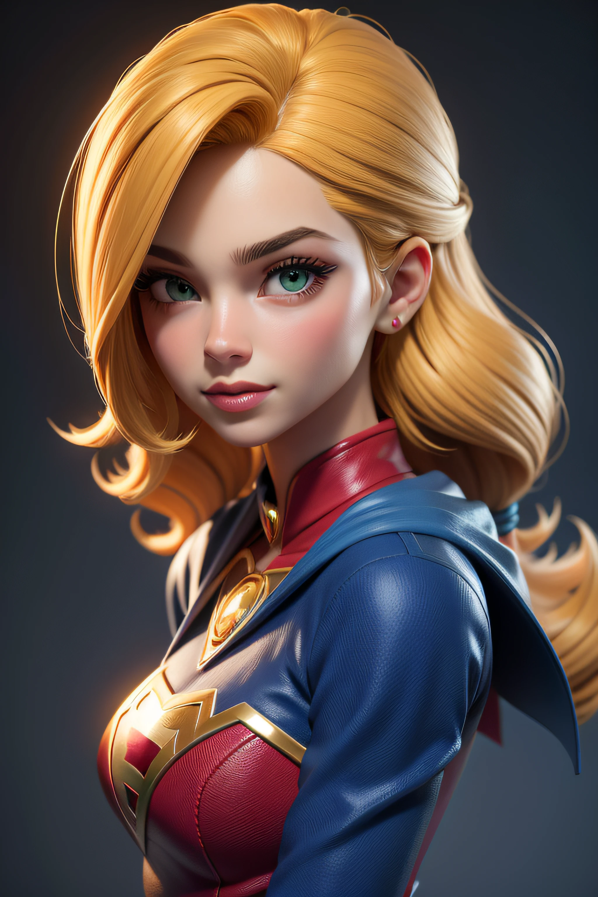 Super Girl, DC Heroine, obra-prima, melhor qualidade, trabalho de rending 3d, estilo 3DMM, close-up, retrato, 3D, solo, cabelo castanho, colar de corda, olhando para o lado, realista, parte superior do corpo, fundo simples, Cabelo Loiro, olhando para longe, cabelo loiro longo, separated-lips, Roupa da Heroina, maquiagem, cabelo encaracolado castanho longo, olhos verdes, Capa Vermelha, decote.