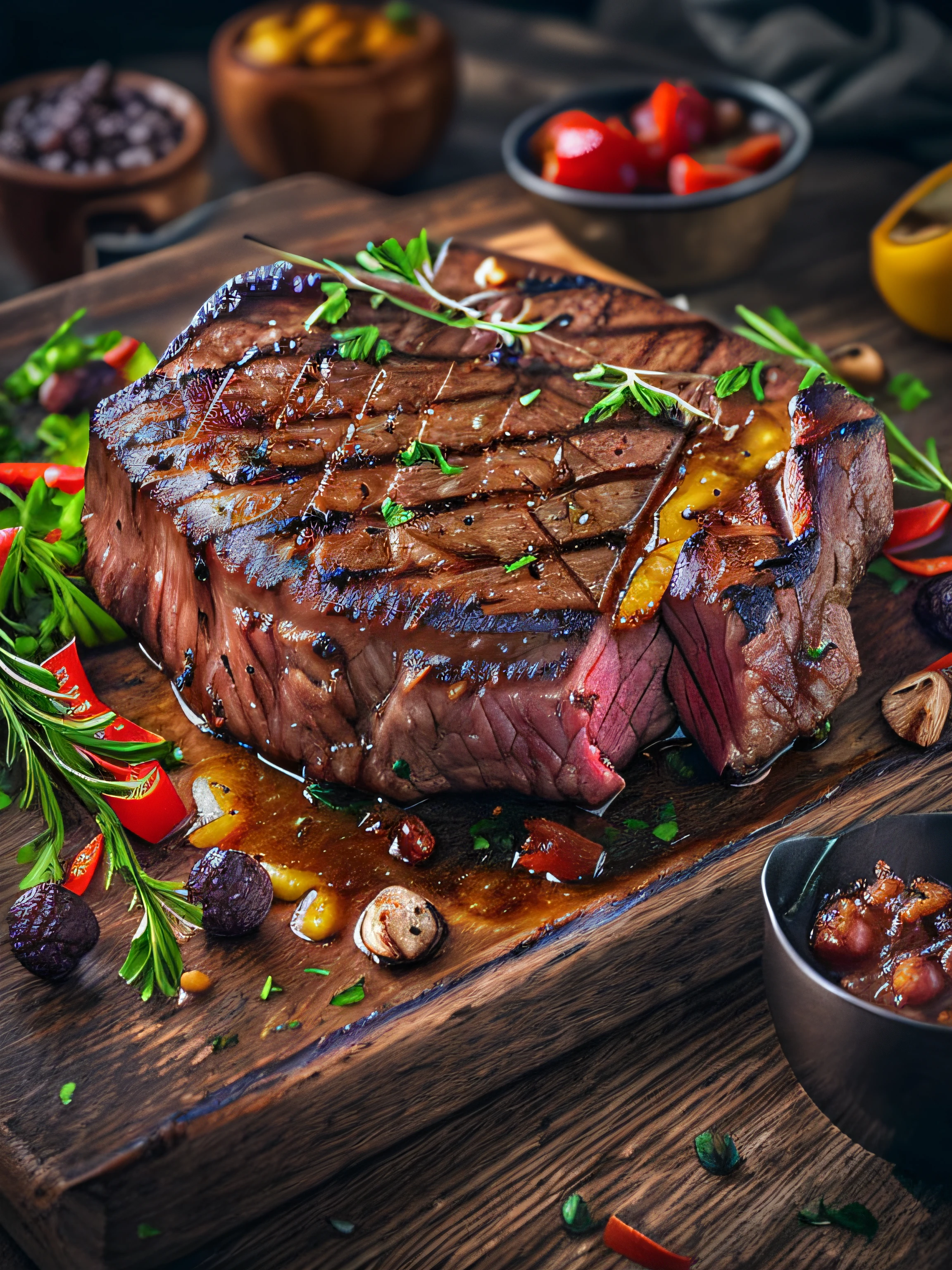 luscious, Hot and appetizing steak, Scattered on the sides, with vivid details and high detail, cinematic style with HDR effect, created with Adobe Lightroom.