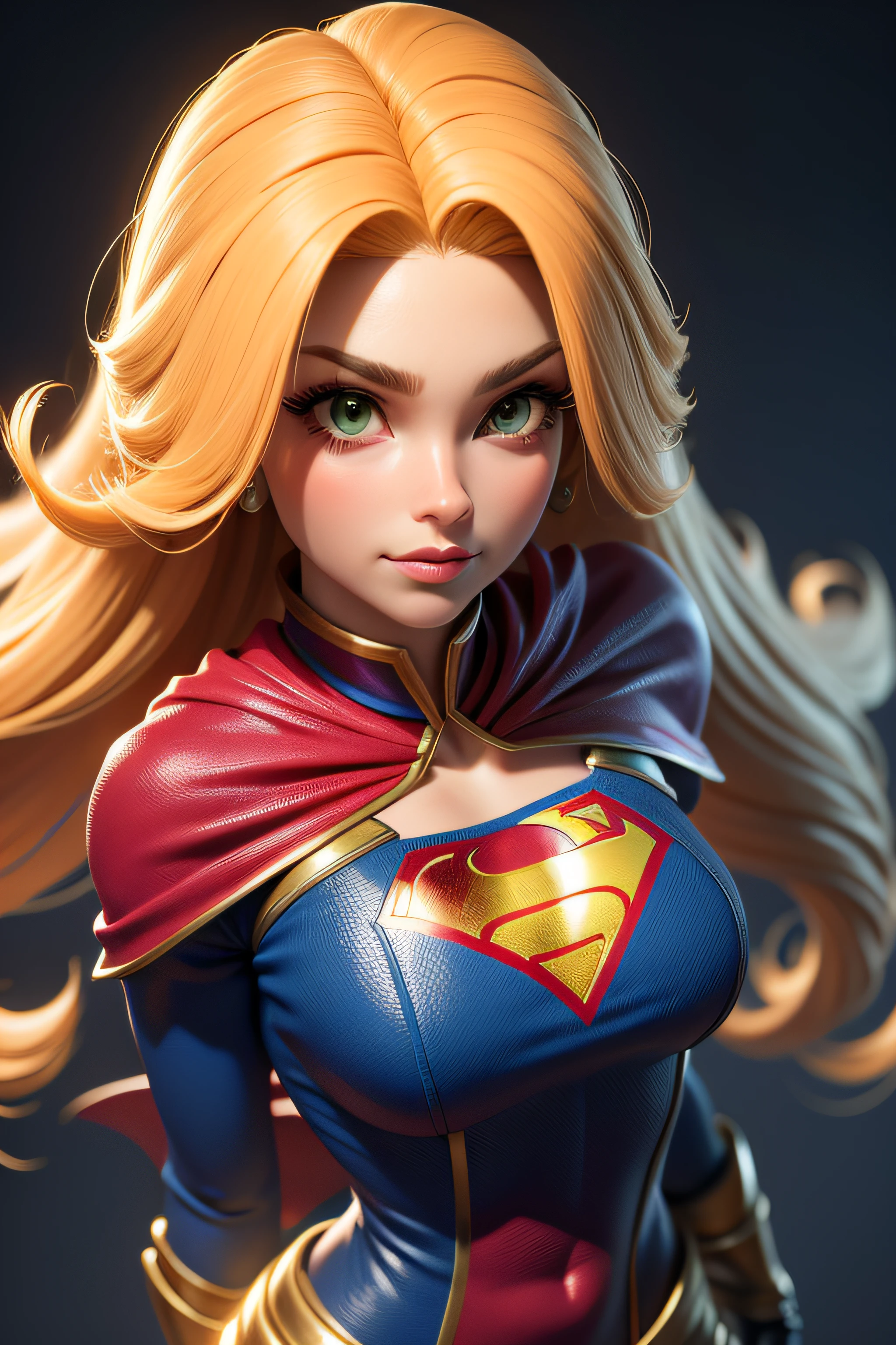 Super Girl, DC Heroine, obra-prima, melhor qualidade, trabalho de rending 3d, estilo 3DMM, close-up, retrato, 3D, solo, cabelo castanho, colar de corda, olhando para o lado, realista, parte superior do corpo, fundo simples, Cabelo Loiro, olhando para longe, cabelo loiro longo, separated-lips, Roupa da Heroina, maquiagem, cabelo encaracolado castanho longo, olhos verdes, Capa Vermelha, decote.