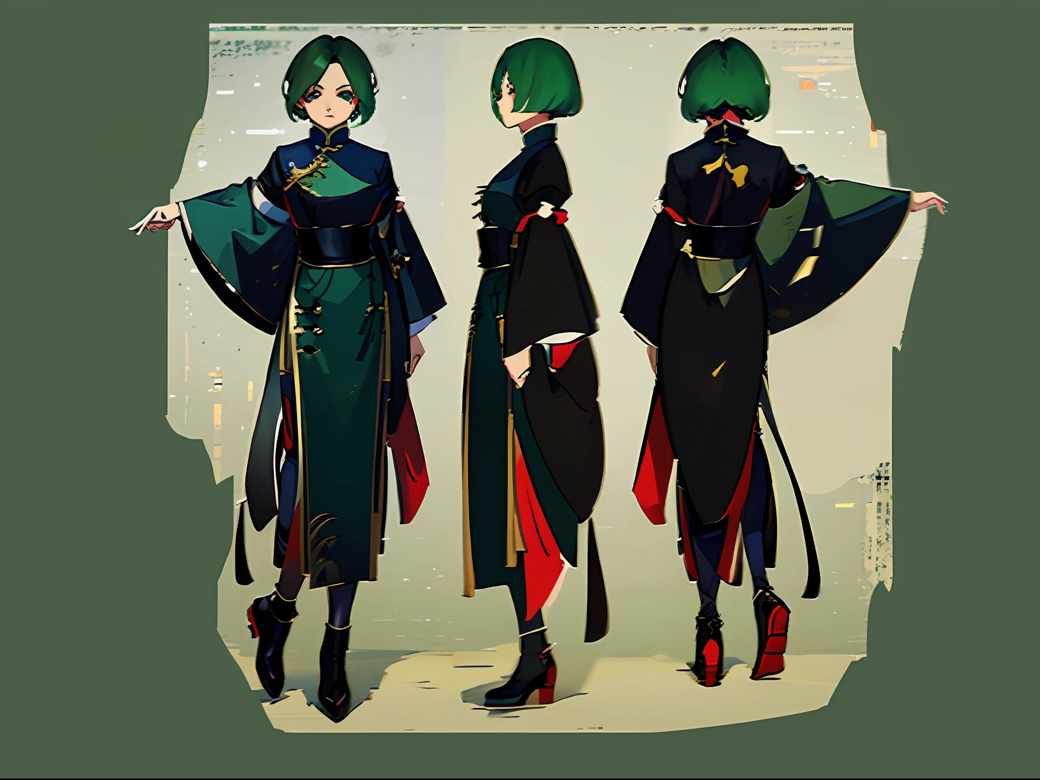 tmasterpiece，best qualtiy，1girll，Dark green hair，short detailed hair，Black eyes，Chinese outfit，eye glass，Three View，Character drawings，identical outfits