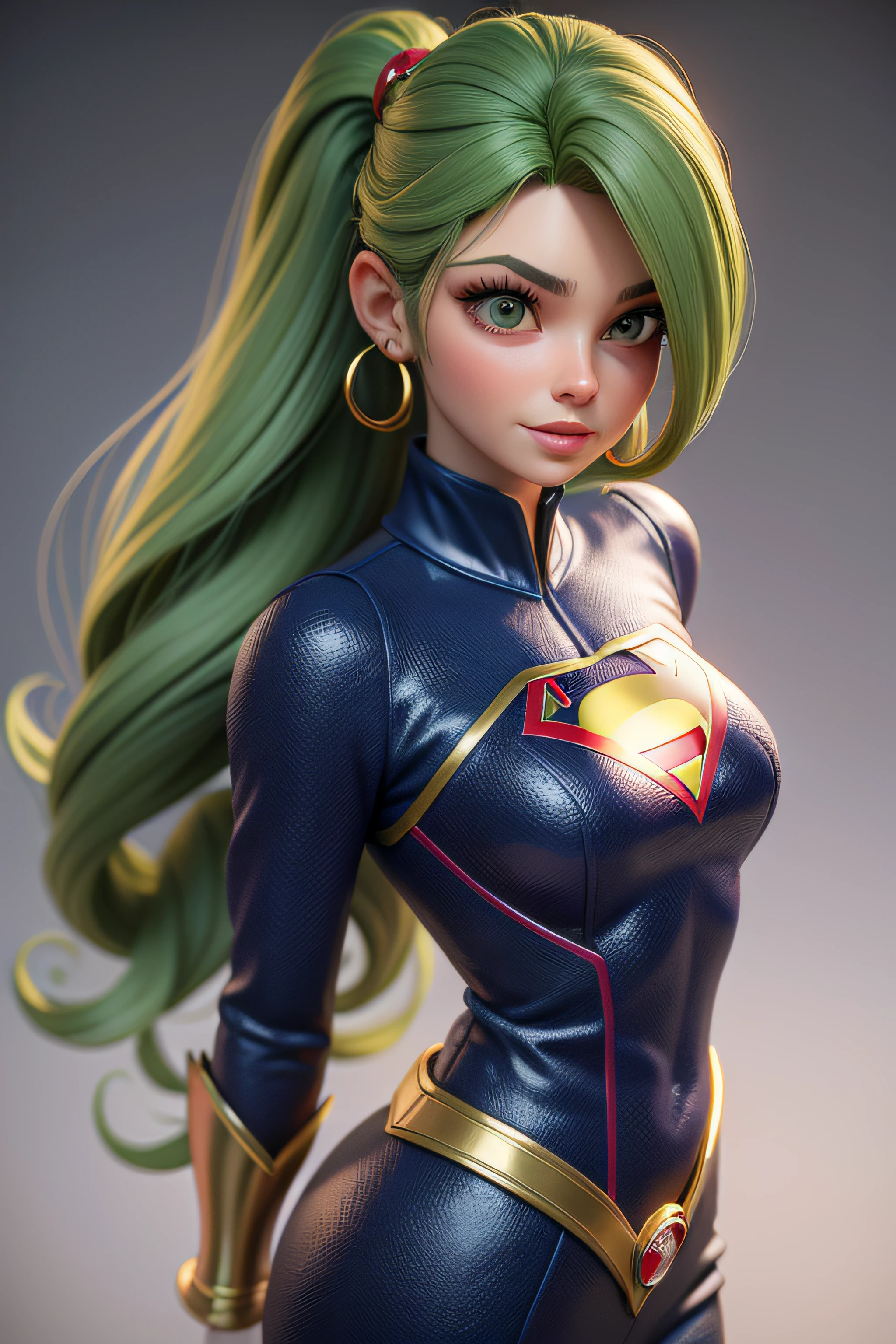 Super Girl, DC Heroine, obra-prima, melhor qualidade, trabalho de rending 3d, estilo 3DMM, close-up, retrato, 3D, solo, cabelo castanho, colar de corda, olhando para o lado, realista, parte superior do corpo, fundo simples, Cabelo Loiro, olhando para longe, cabelo loiro longo, separated-lips, Roupa da Heroina, maquiagem, cabelo encaracolado castanho longo, olhos verdes, Capa Vermelha, decote.