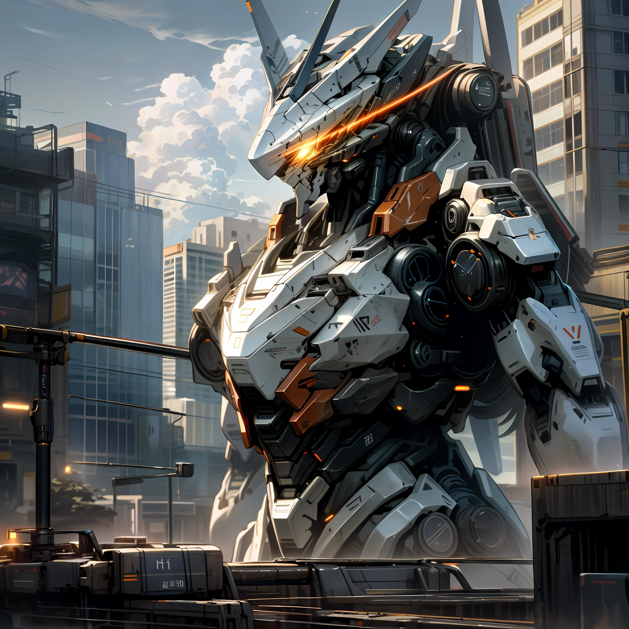 sky, cloud, holding_weapon, no_humans, glowing, , robot, building, glowing_eyes, mecha, science_fiction, city, realistic,mecha