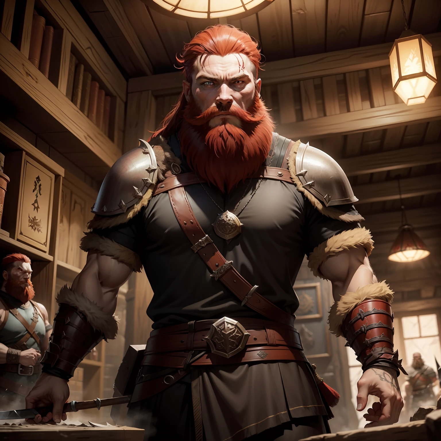 Role cards，dungeons and dragons，Savage，Mountain dwarves，黑The eye，Red beard，Animal skin clothing，Carry an axe，pub，armour，mercenary，tosen