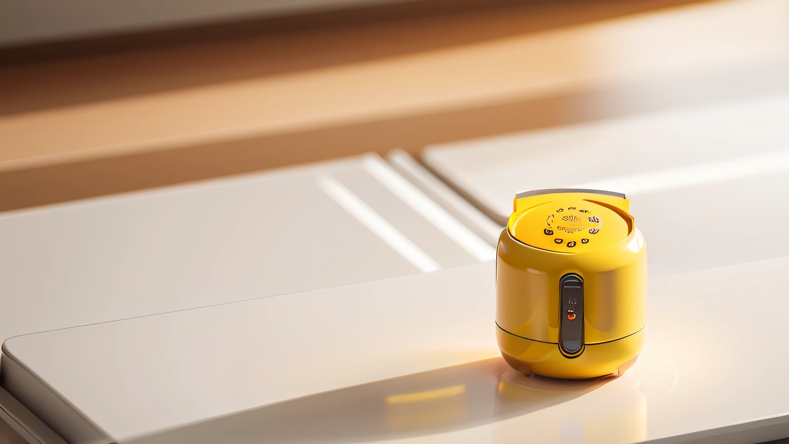 Air fryer placed on a marble table，Top-down view，Yellow wood style kitchen，（kitchens：1.5），Wooden cabinets , Chiaroscuro, hyper HD, 8K, Best picture quality  ,realisticlying，Foto realism，cupboard，Lens perspective blur，Bright lights，Realistic lighting