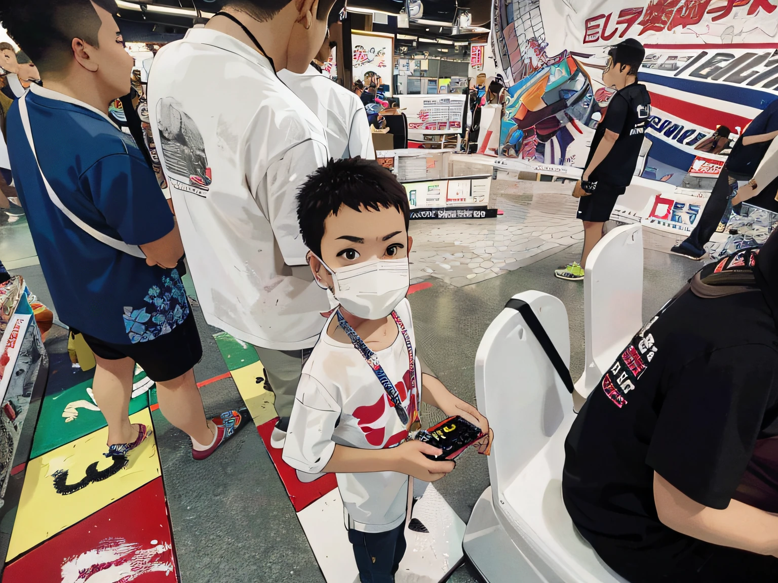 There was a boy wearing a mask standing in front of the toilet, with a child, only one robot ??? on the ground, kiddy big breasts, biopunk toys made in china, chinese artist, from china, 🔞🤡, 🕹️ 😎 🔫 🤖 🚬, Cai Xukun, shot on iphone, 🤬 🤮 💕 🎀, wenjun lin