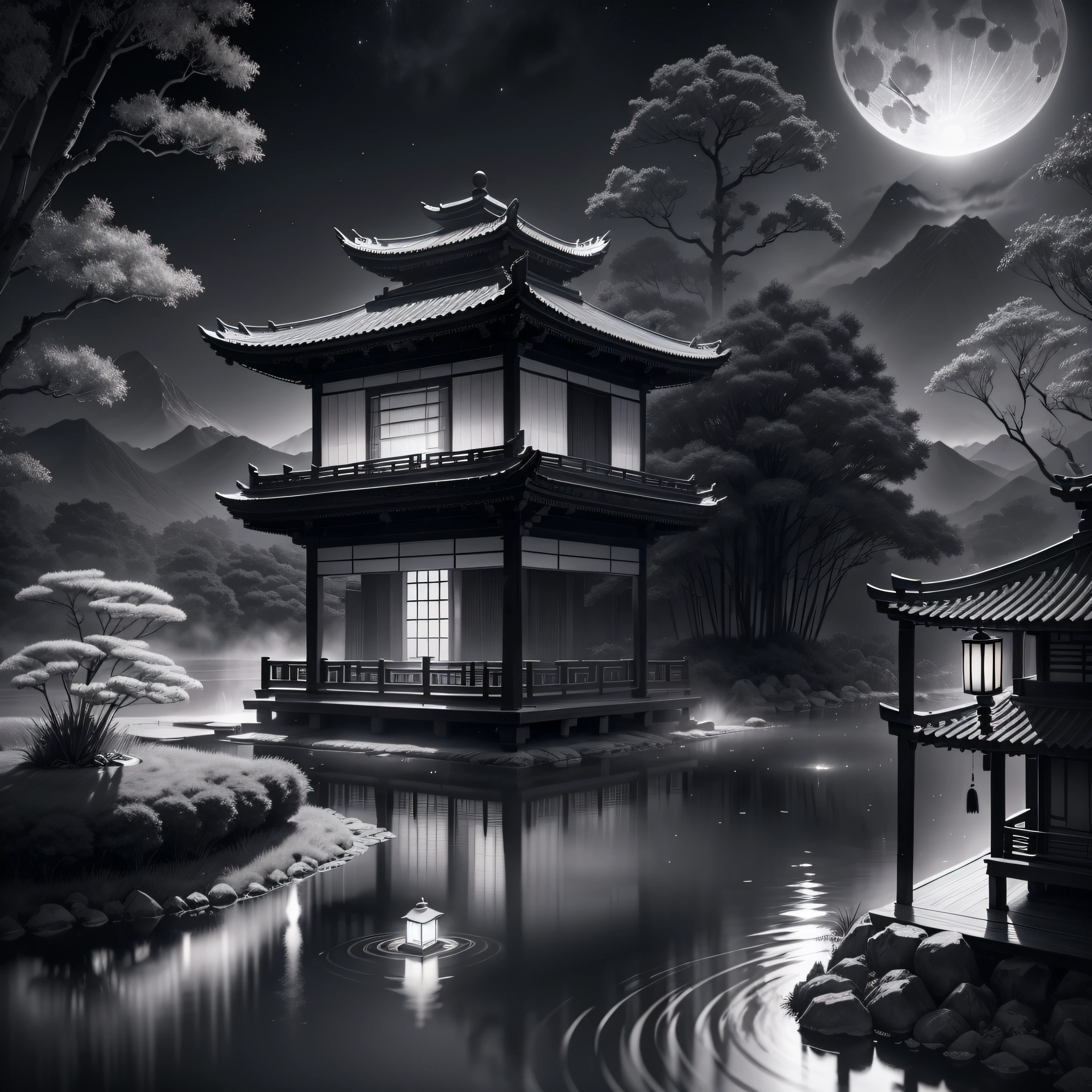 masterpiece,best quality,Chinese martial arts style,an asian night scene with lanterns and water lilies,asian pond with many lanterns and boatsa night scene with many lights and boats in the water, Lake surface, lotus flowers,beautiful night scene,(((Chinese martial arts style))), with vast sky, continuous mountains and steep cliffs, ink wash style, outline light, atmospheric atmosphere, depth of field, mist rising, bamboo, pine trees, octagonal stone pavilion, waterfall flowing water,big full moon,(No color) , Monochrome, light color,