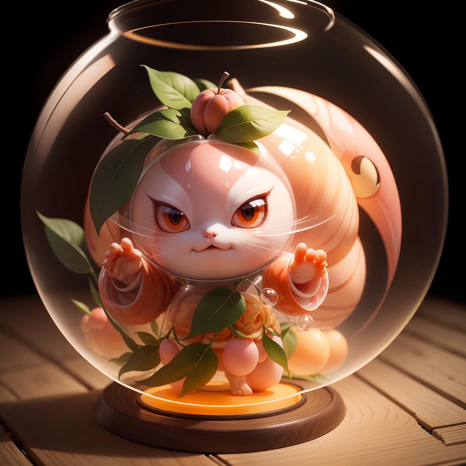 masterpiece,A hyper-realistic,There is a yokai in the form of a peach in a transparent capsule。